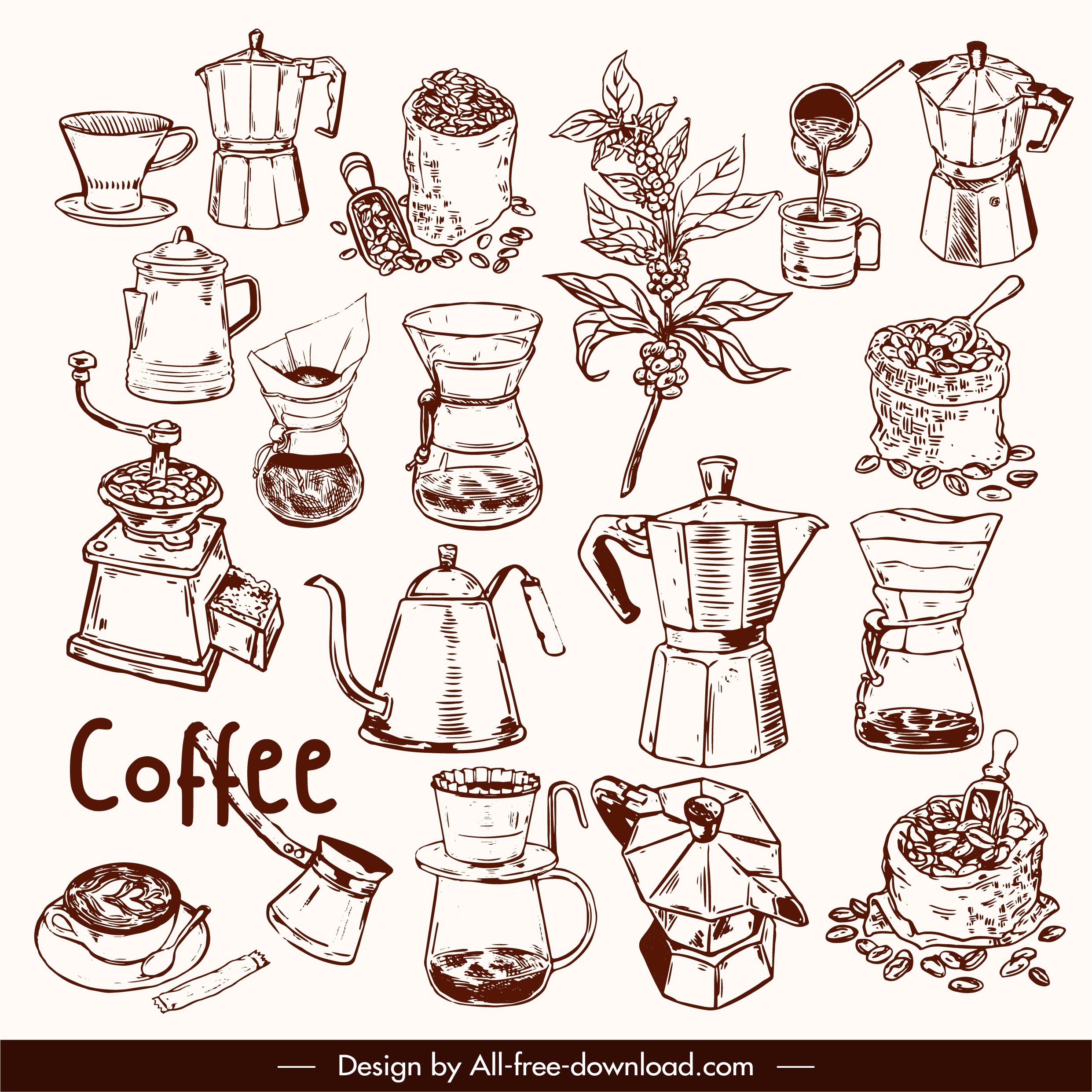 cafe design elements handdrawn retro symbols sketch