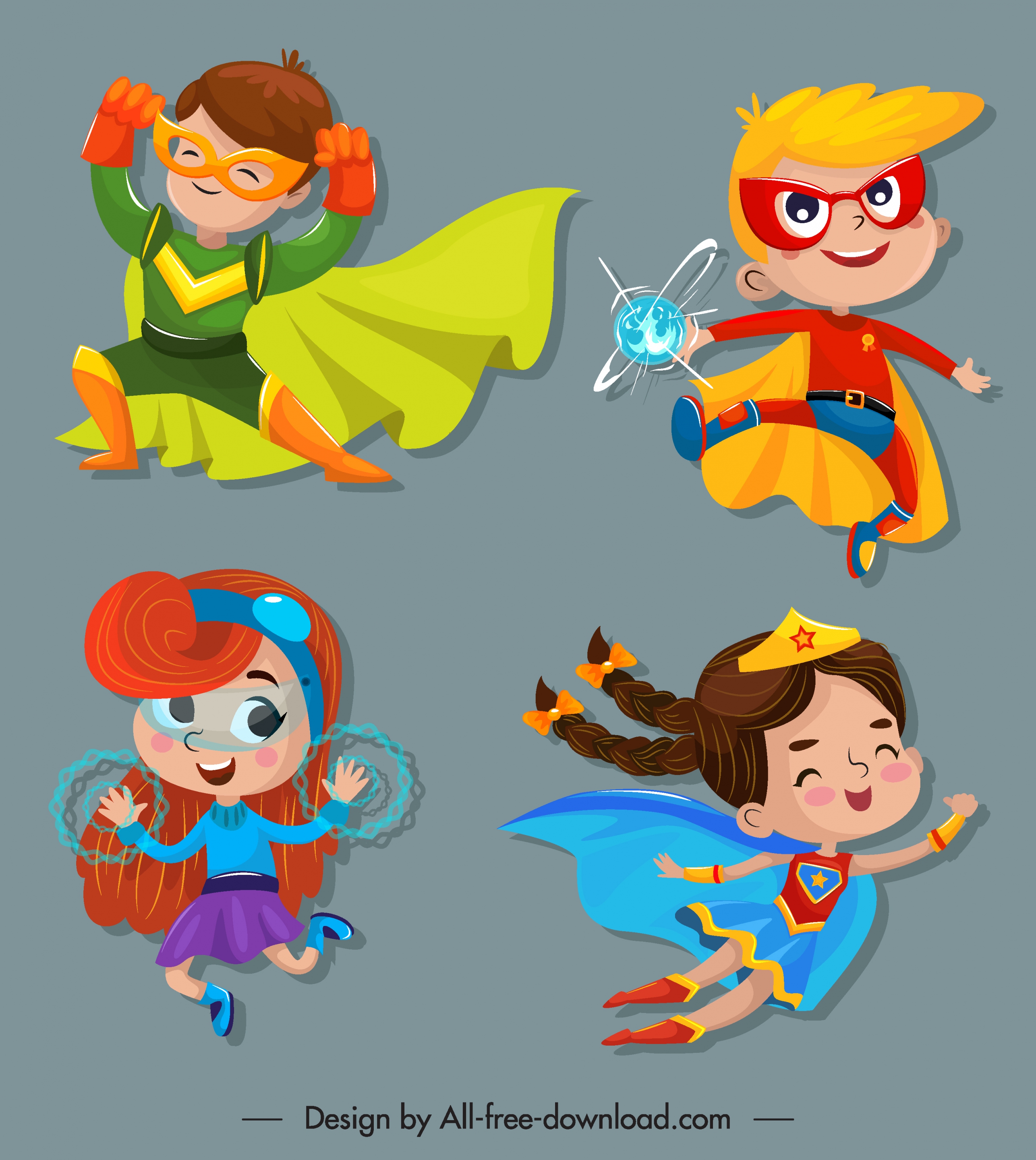 kid hero icons cute cartoon characters sketch