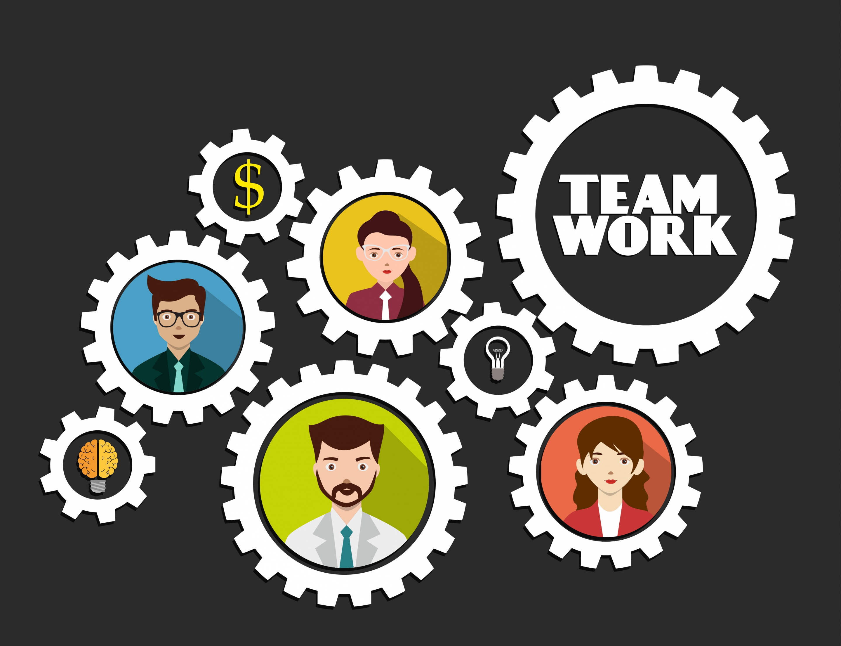 teamwork concept background employee avatars gear icons