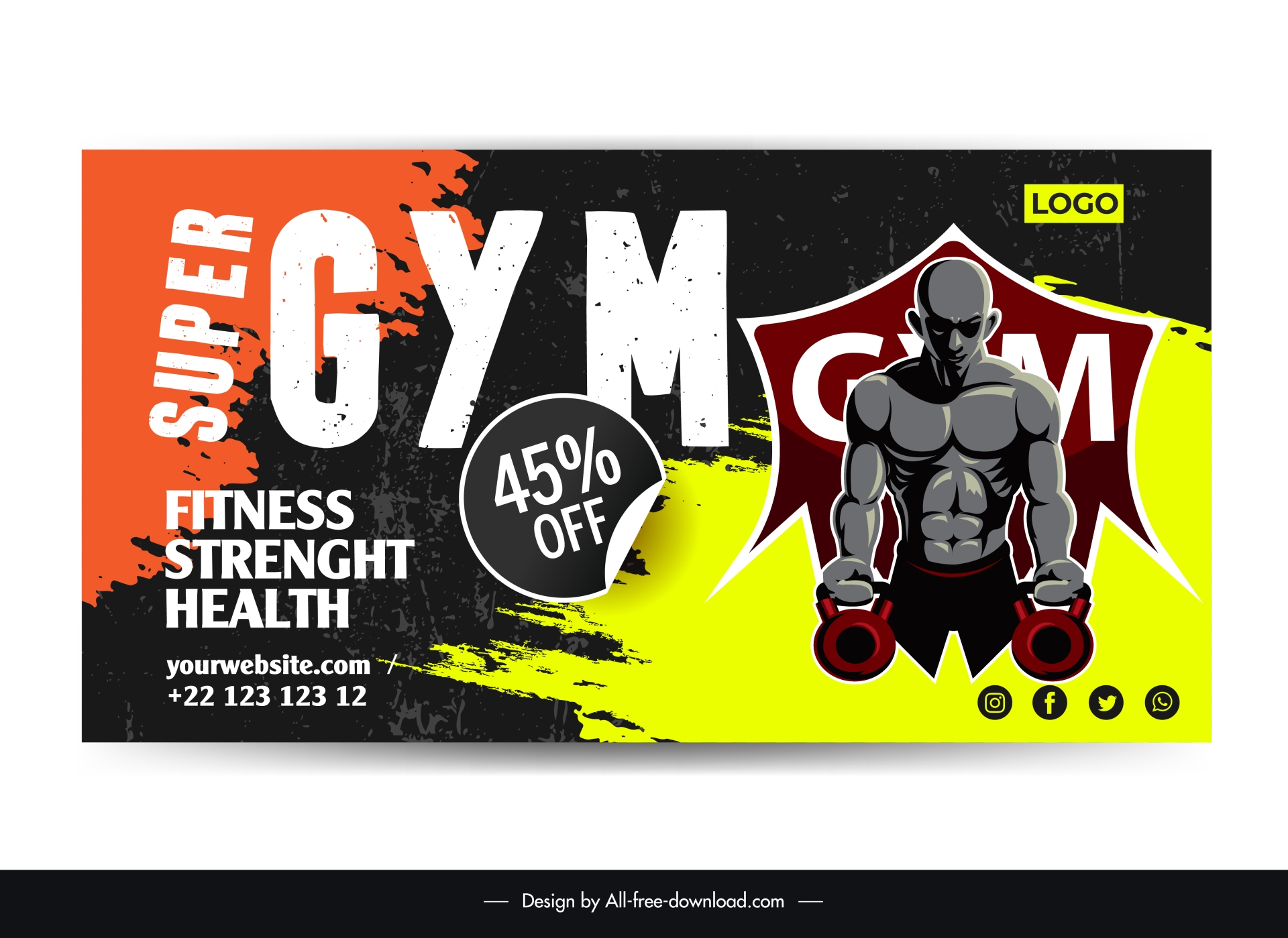 gym club discount banner template dark dynamic grunge