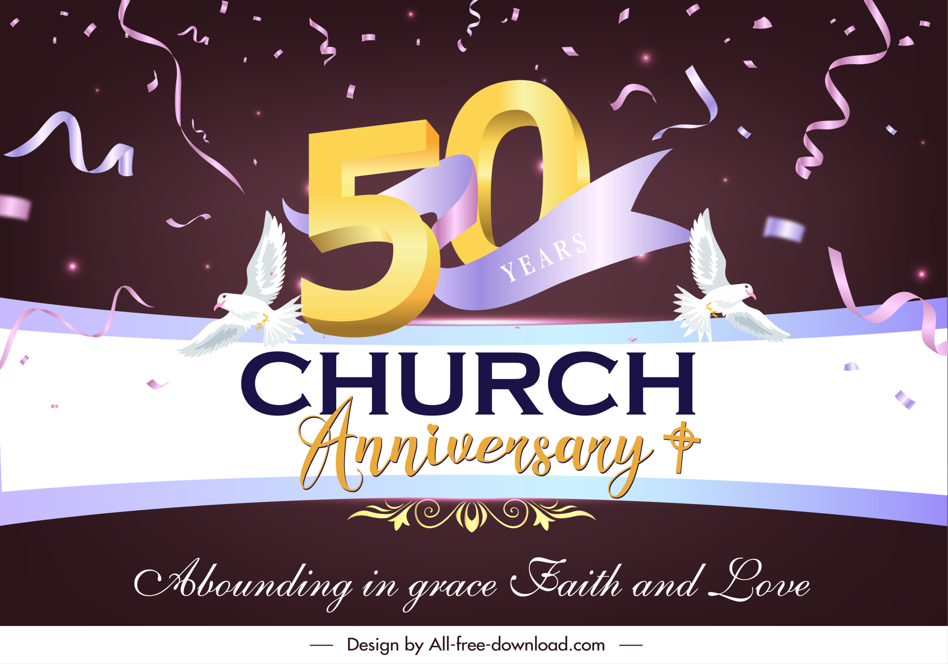 anniversary of a club in church banner template modern dynamic confetti number ribbon doves decor