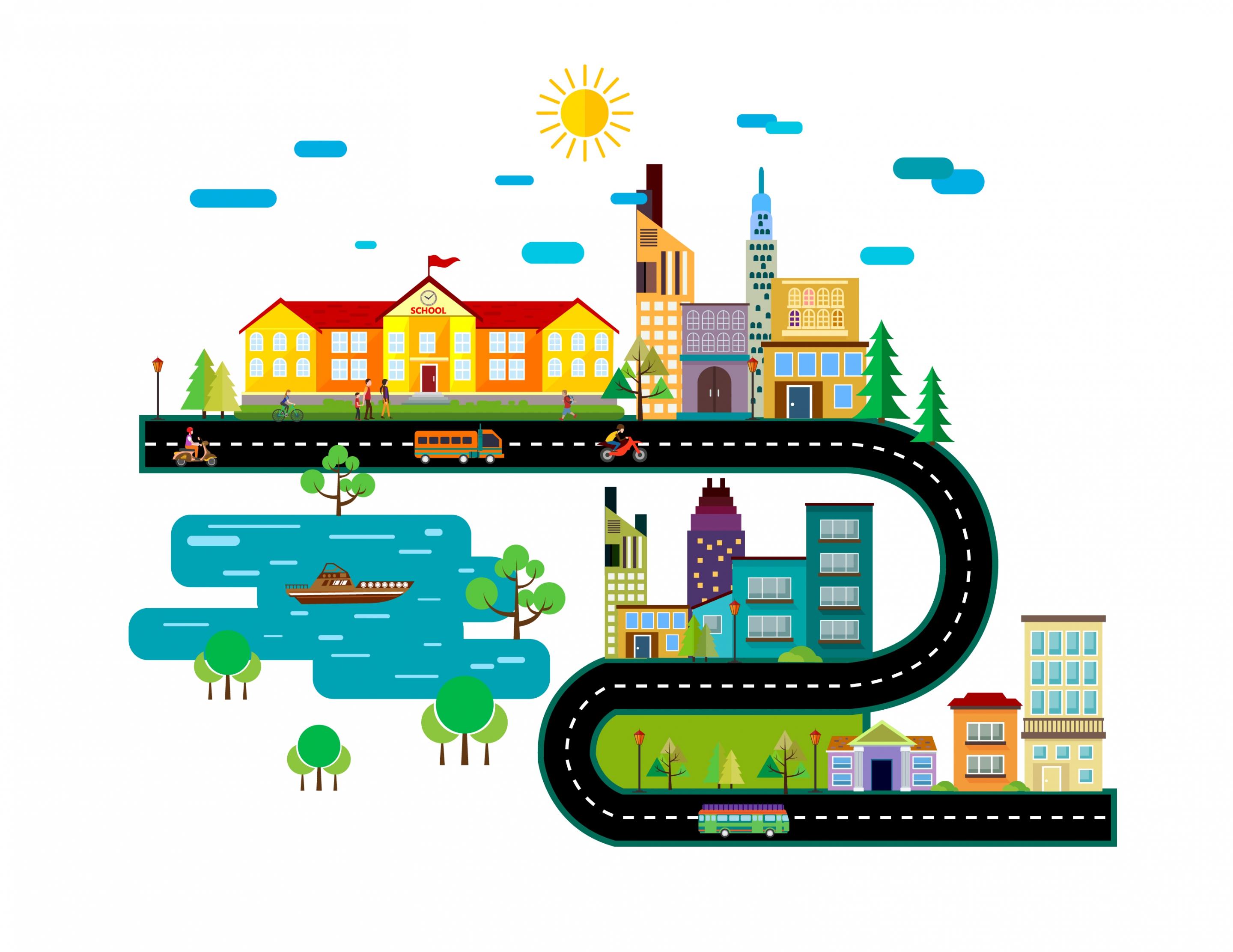 routing design curved road layers and buildings sketch