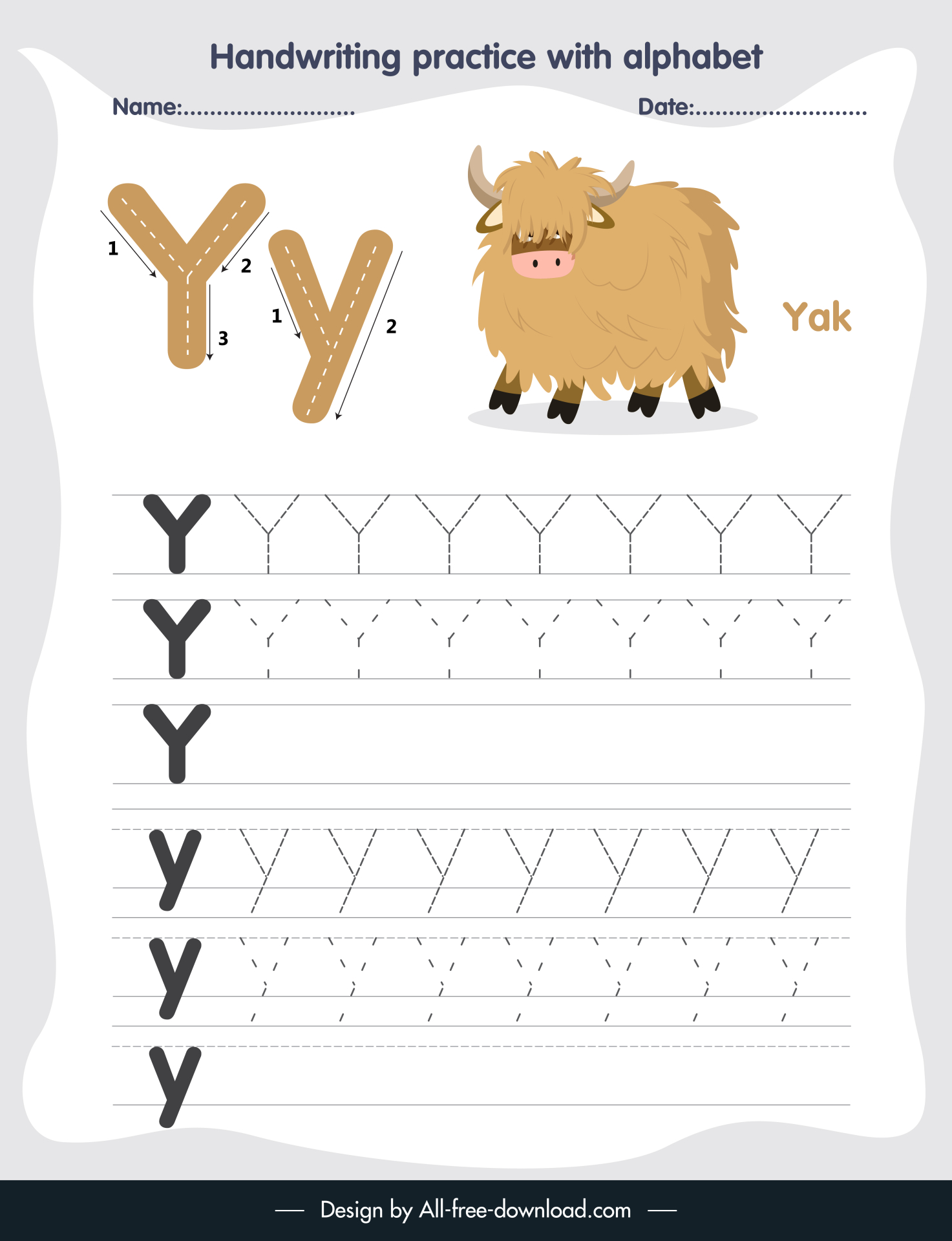 preschool education handwriting practice template alphabet letter tracing y wild yak outline 