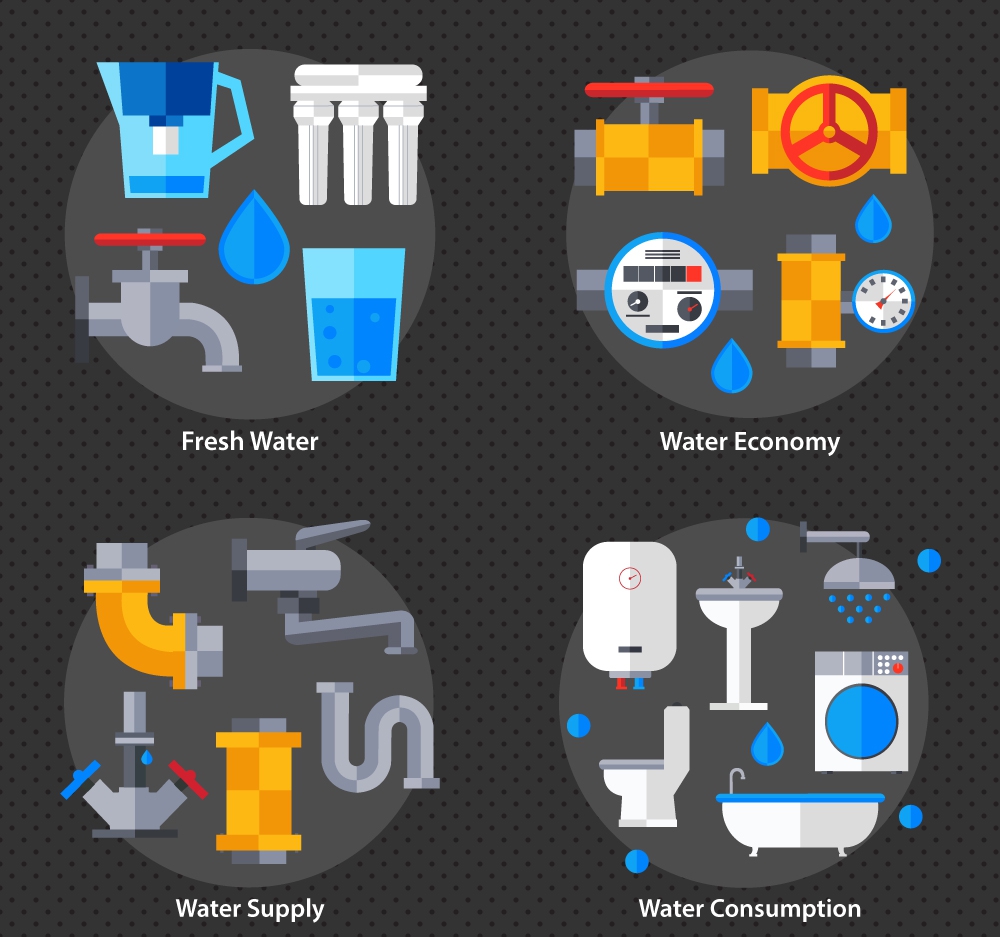 water supply concepts isolated in circles with symbols