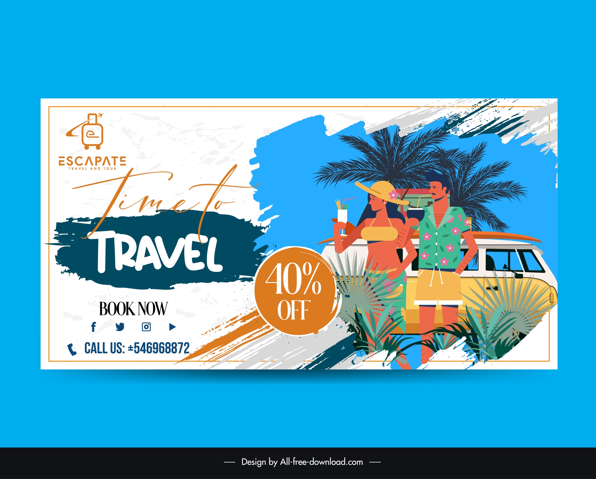 travel banner template cartoon tourists van trees