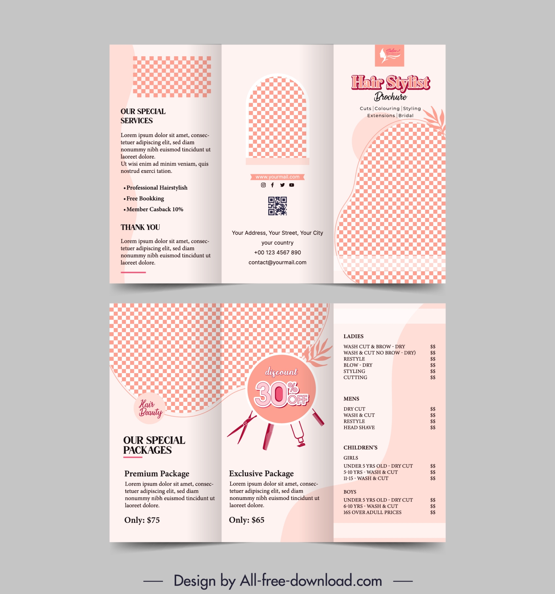 hair salon brochure template trifold checkered decor