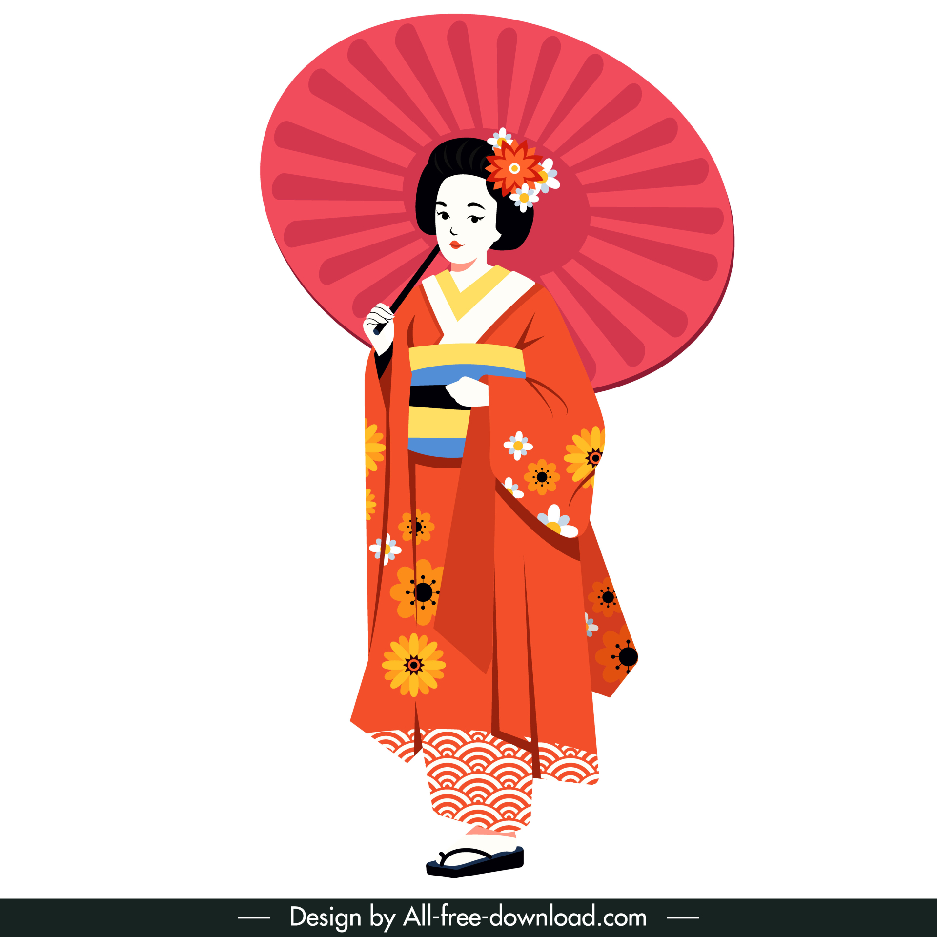 kimono japan girl icon traditional costume umbrella sketch cartoon character