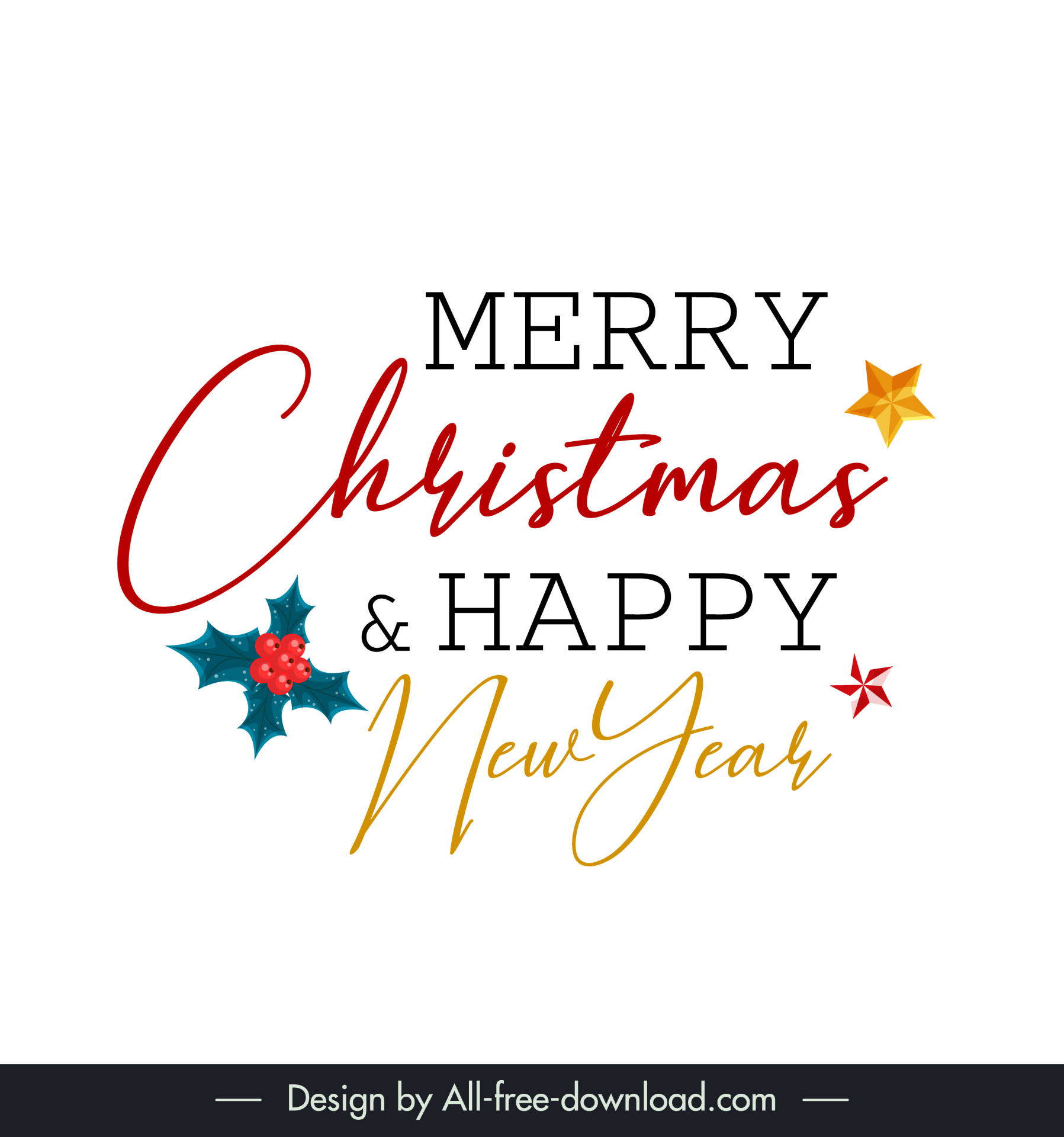 merry christmas and happy new year design elements calligraphic texts stars leaf outline 