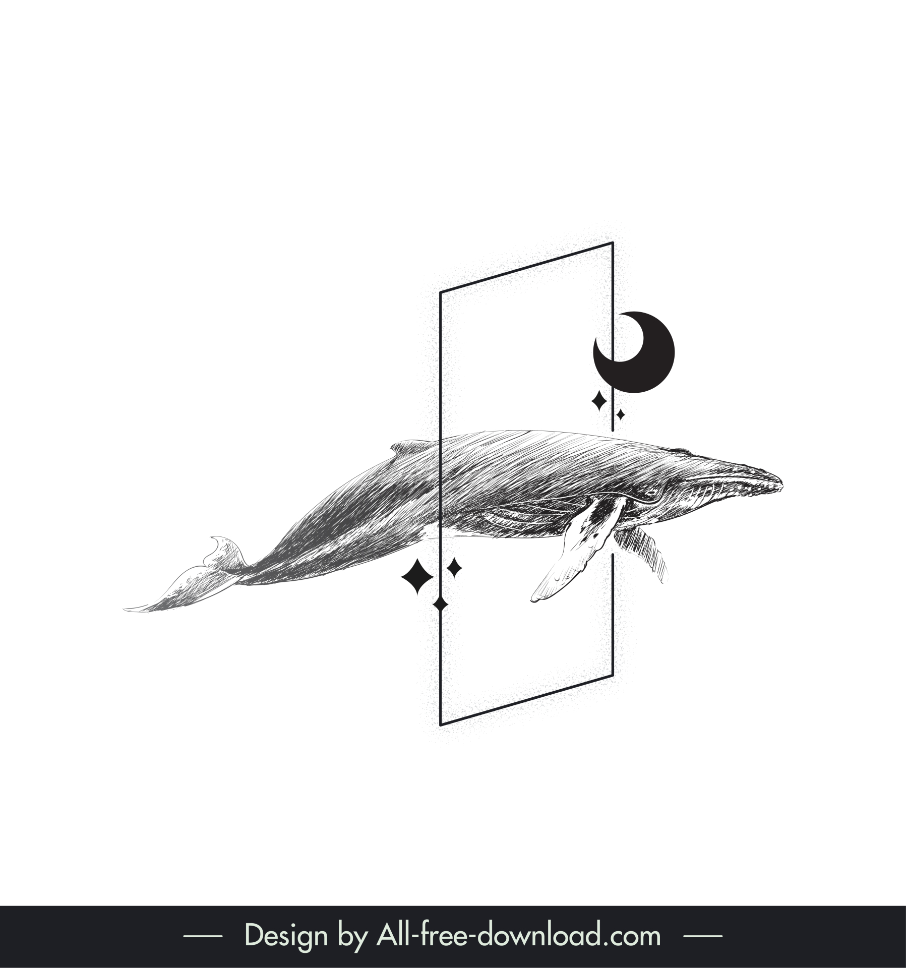 tattoo art template 3d handdrawn classical whale crescent sketch