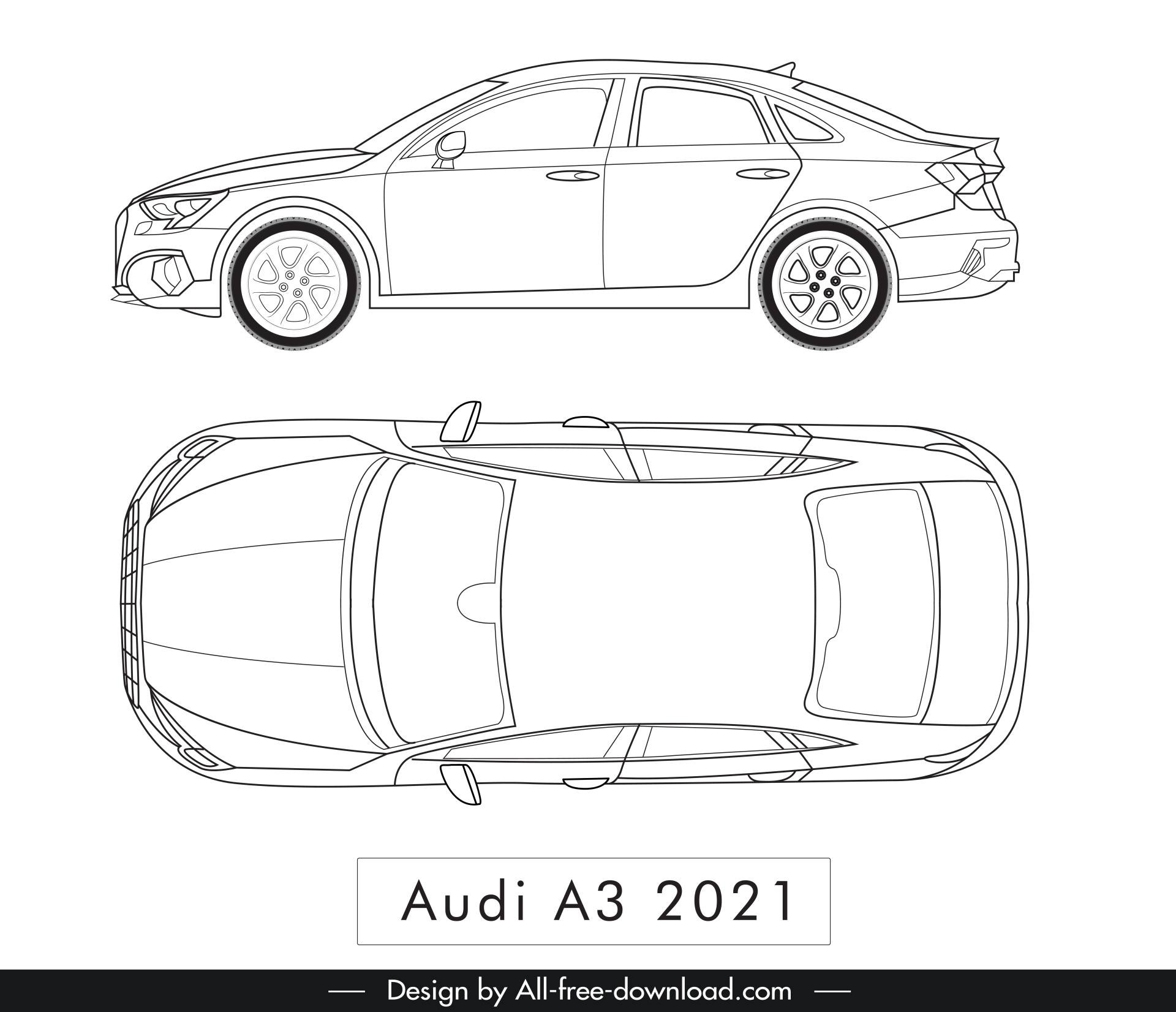 audi a3 2021 car model advertising template flat black white handdrawn top view side view sketch