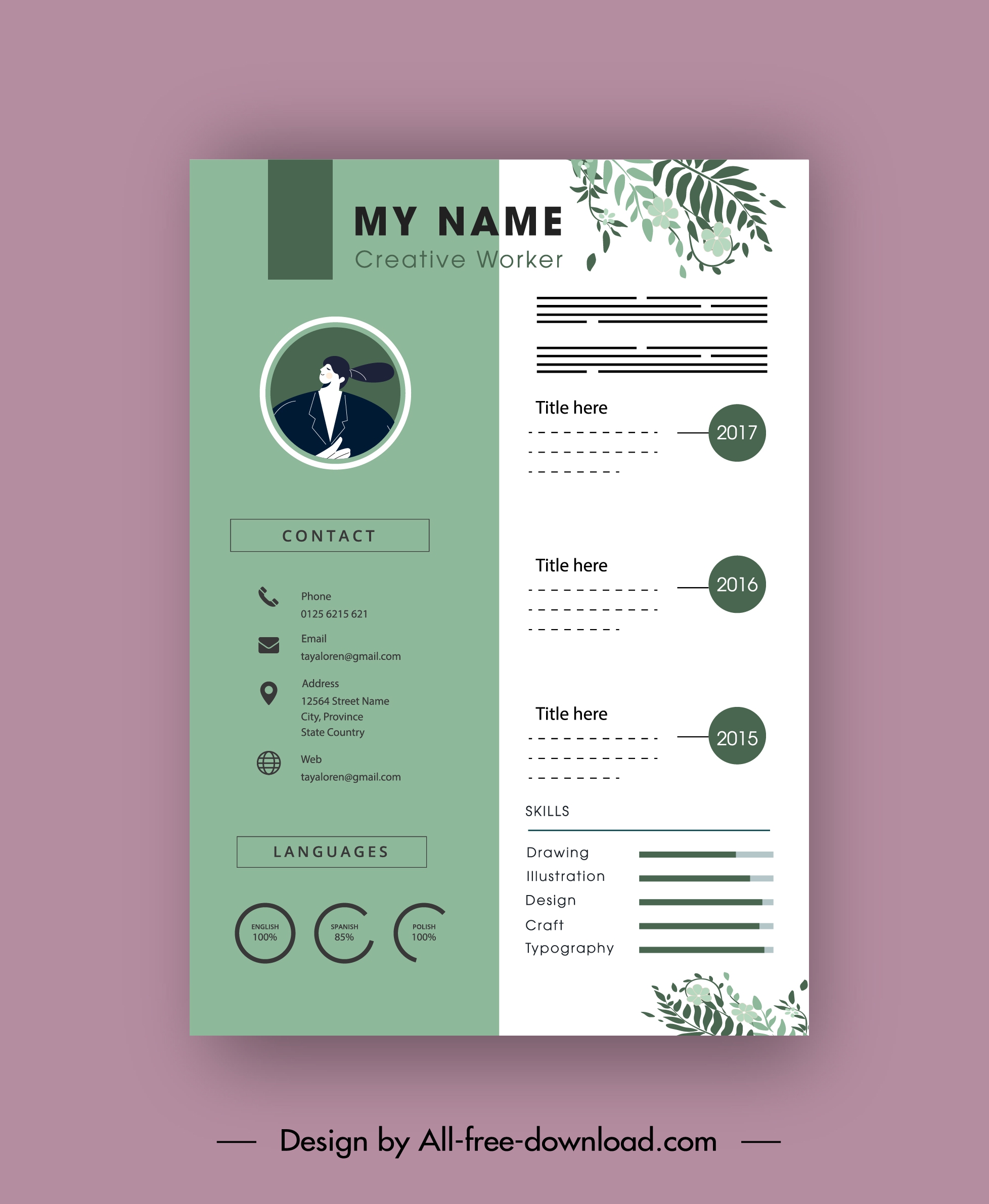 resume template bright green white leaves decor