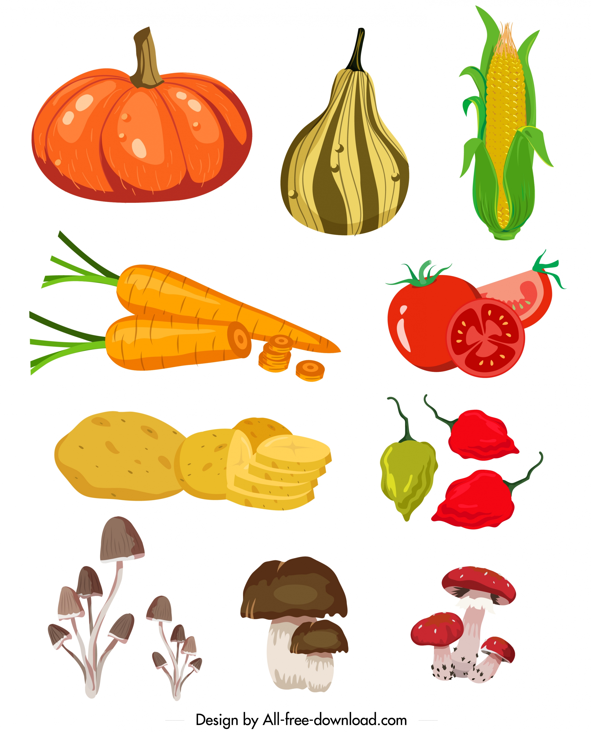 fresh agricultural products icons colorful vegetables fruits sketch