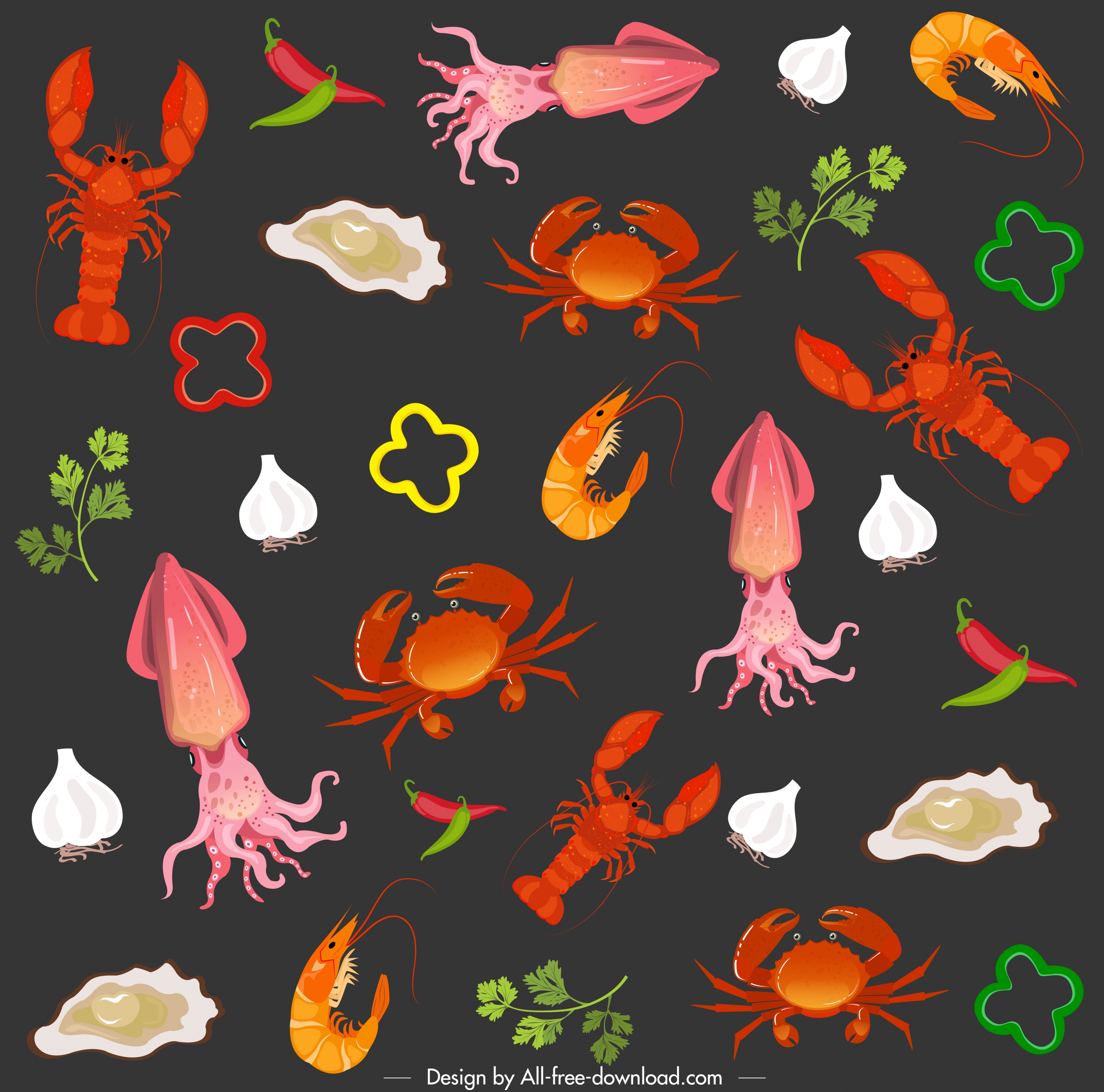 seafood pattern dark multicolored decor repeating icons