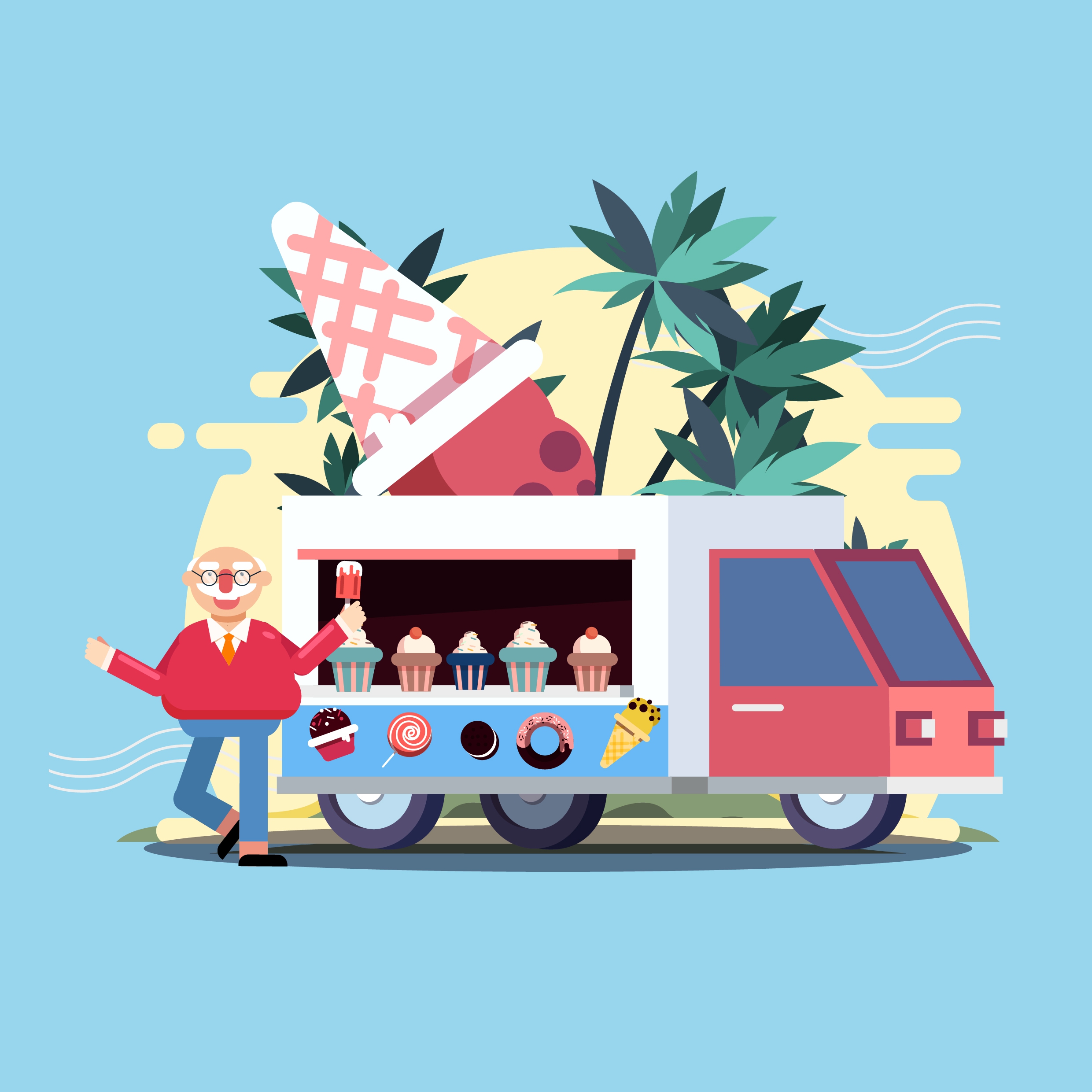 ice cream advertising man truck icons cartoon design