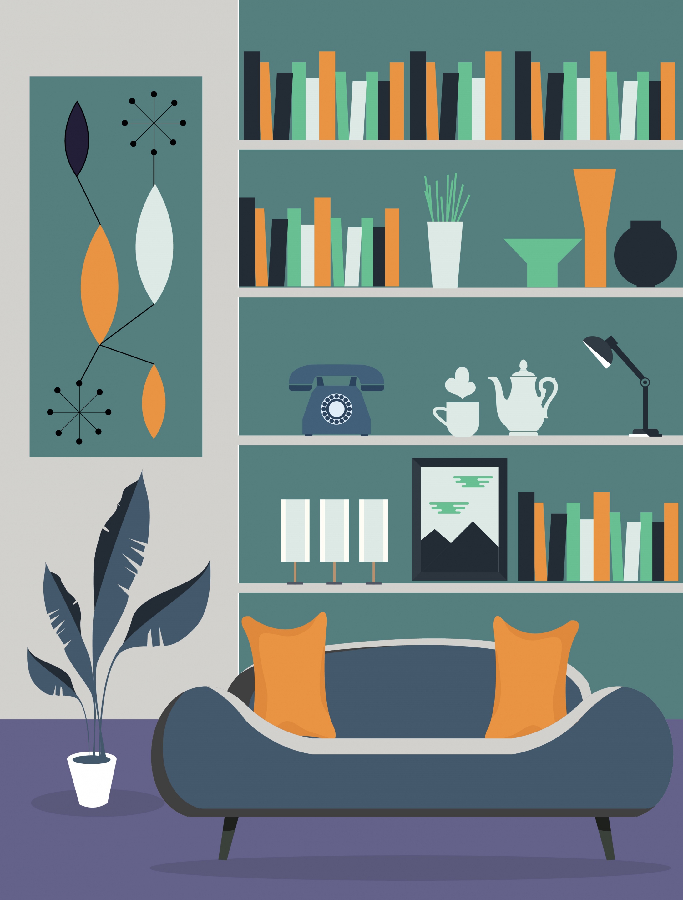 reading room decor background sofa shelf icons