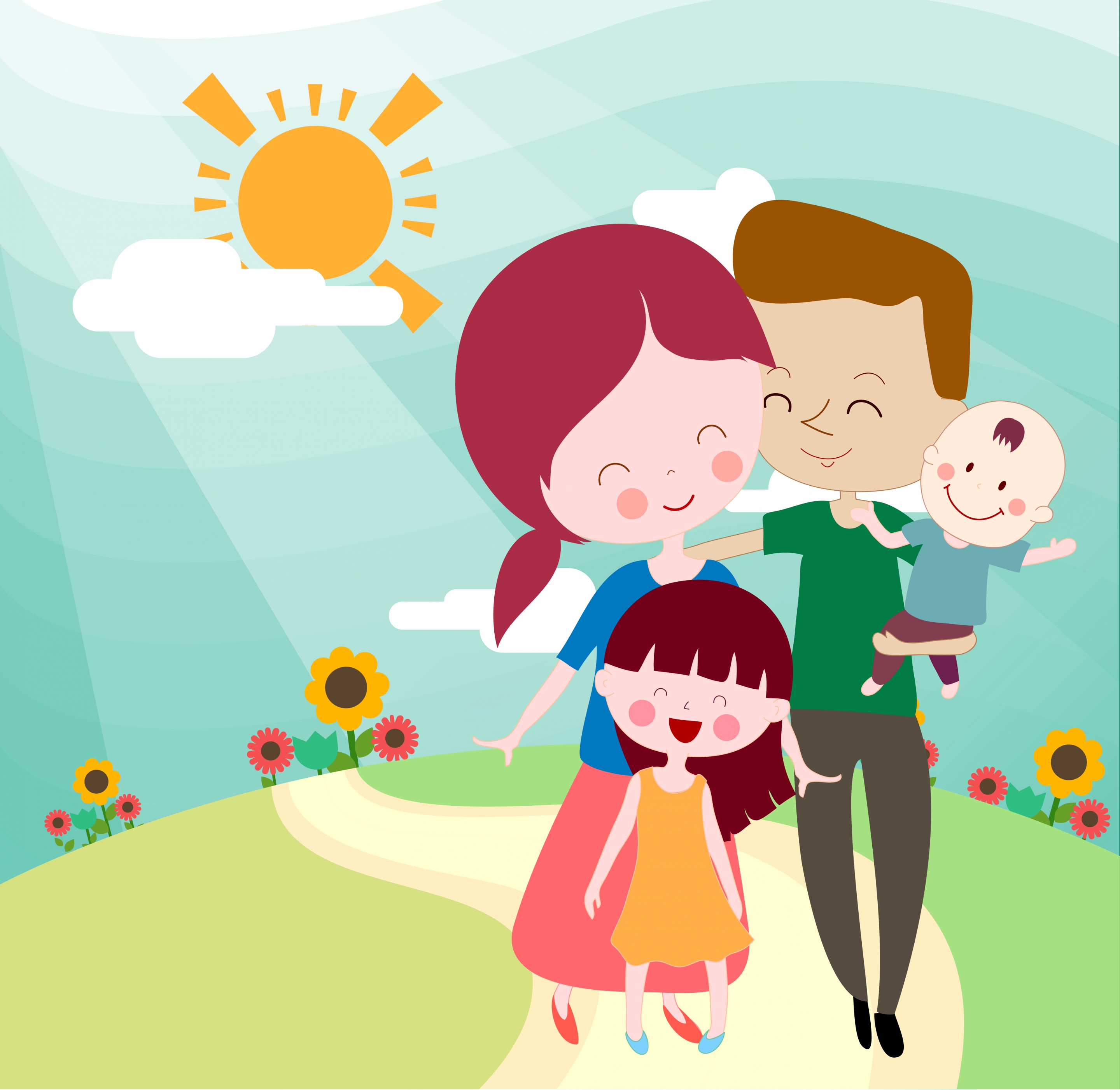 happy family background parents children icons cartoon characters