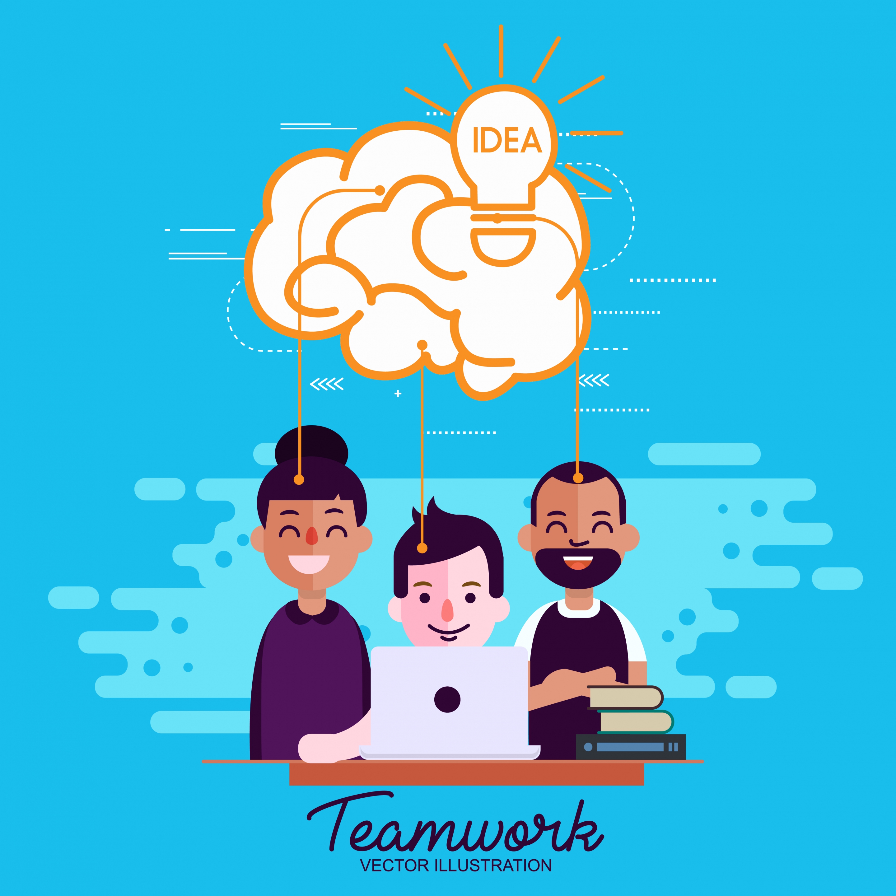 team work concept banner staffs lightbulb cloud icons