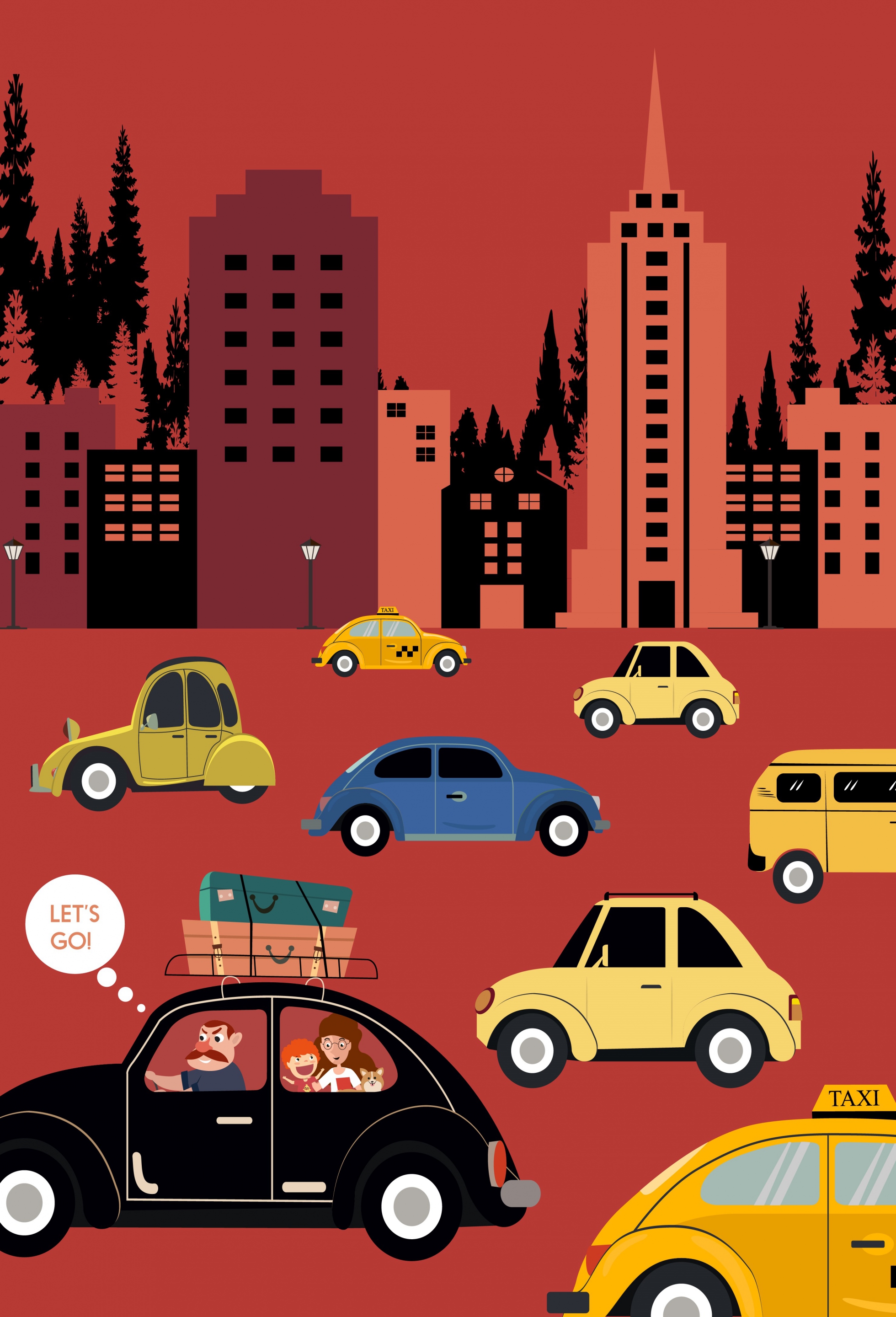 city traffic drawing car buildings icons colored cartoon