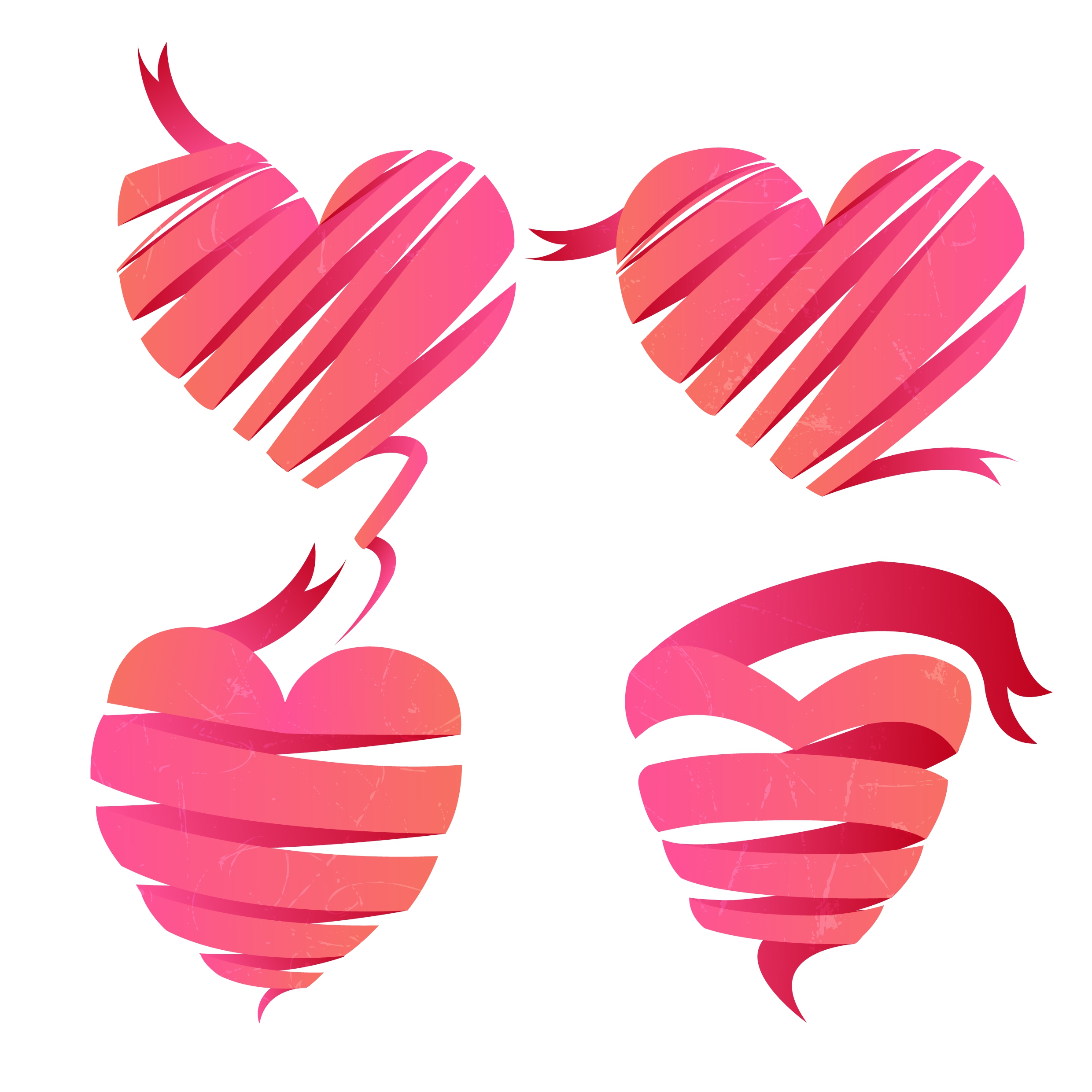 pink hearts icons 3d twisted ribbons sketch