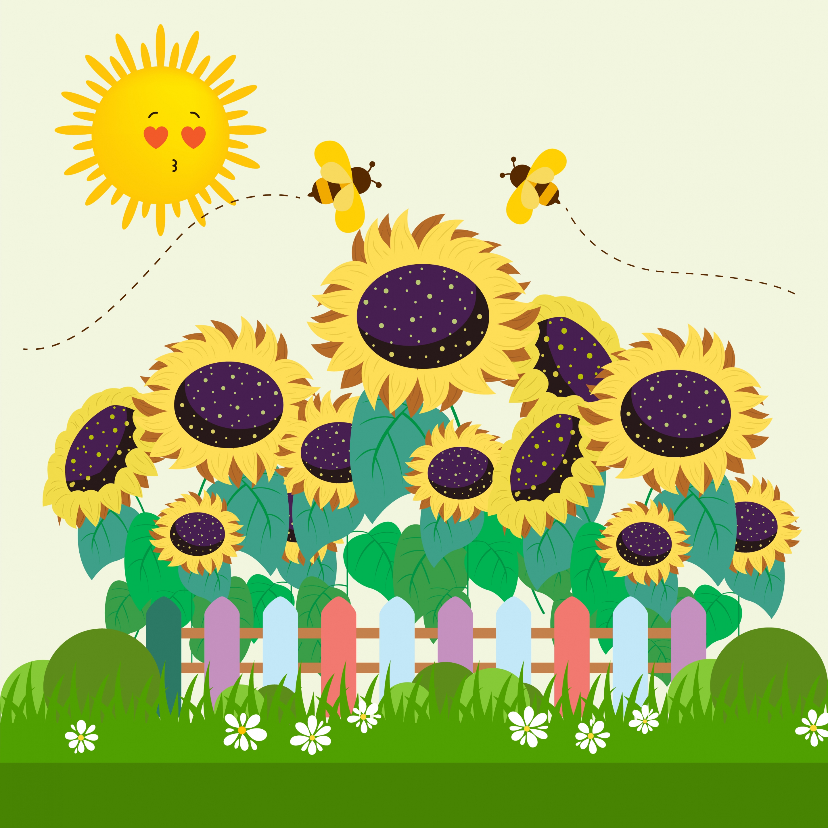 nature drawing stylized sun sunflower honeybee icons