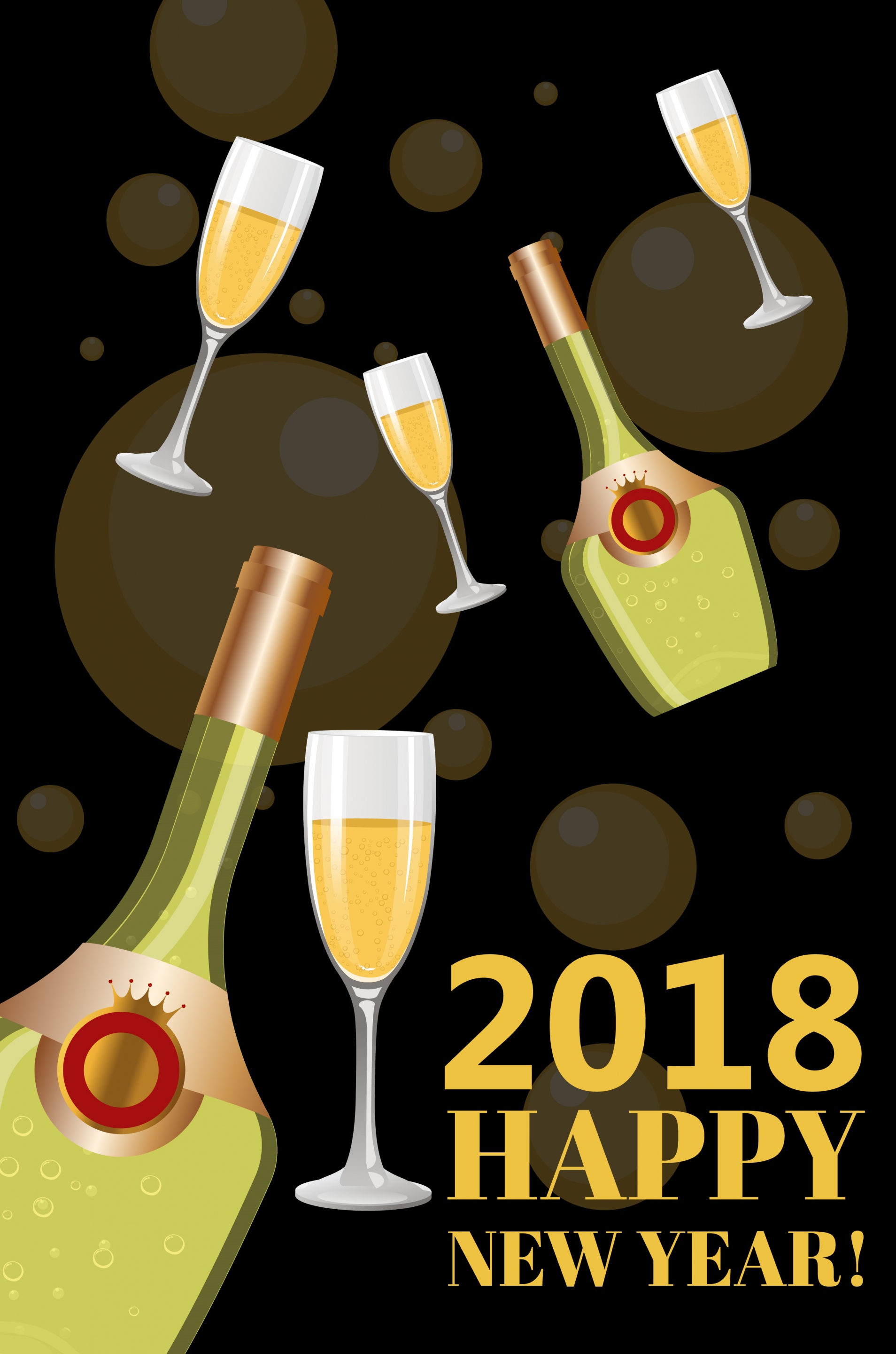 2018 new year banner champagne bottle glass icons