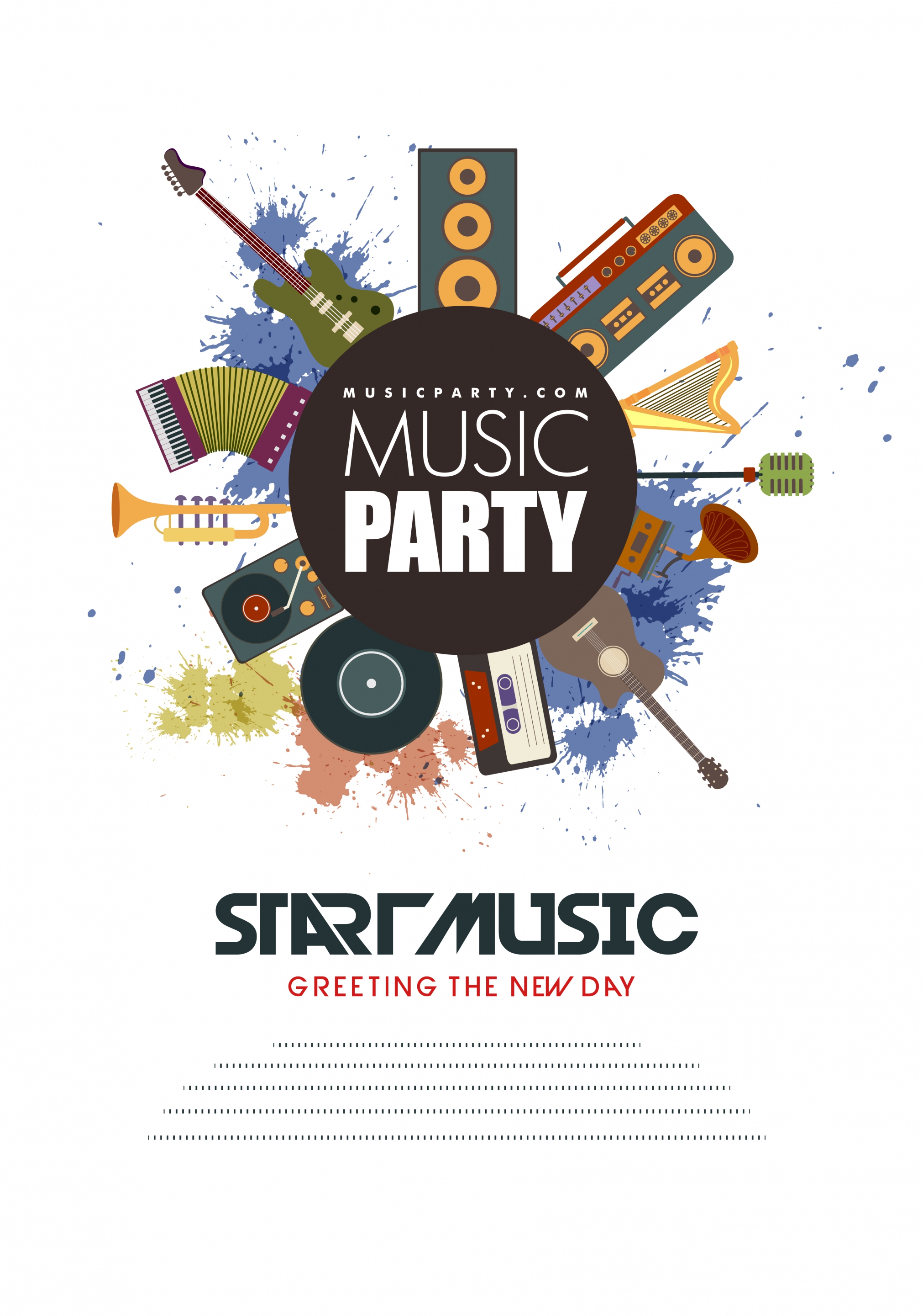 music party flyer retro instrument design splash colors