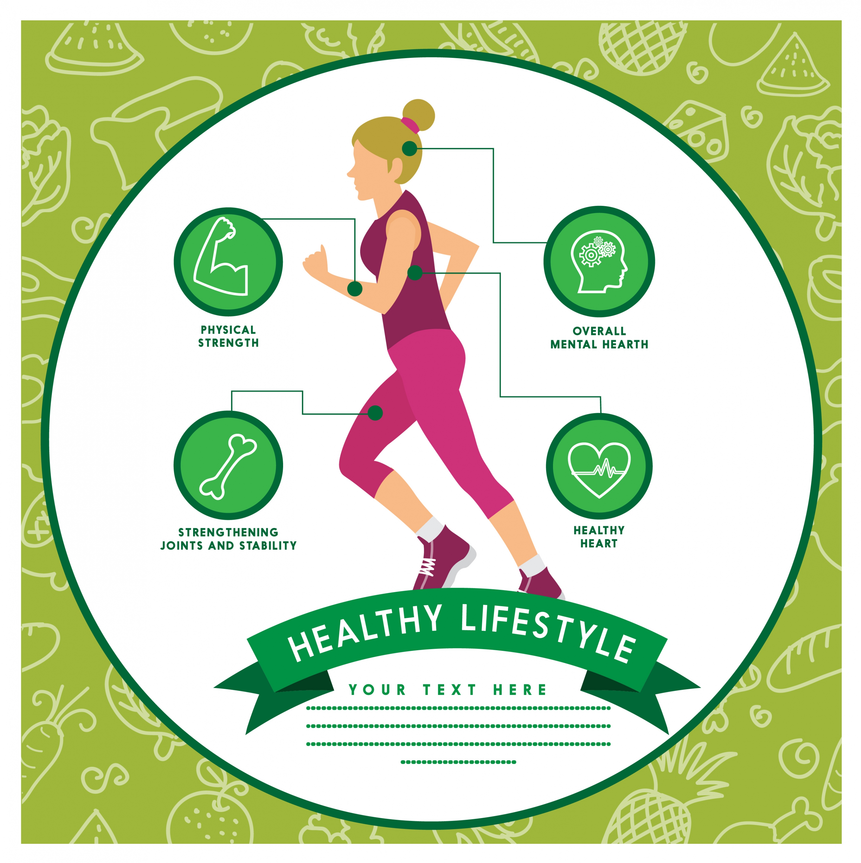 healthy lifestyle infographic woman exercise green vignette background