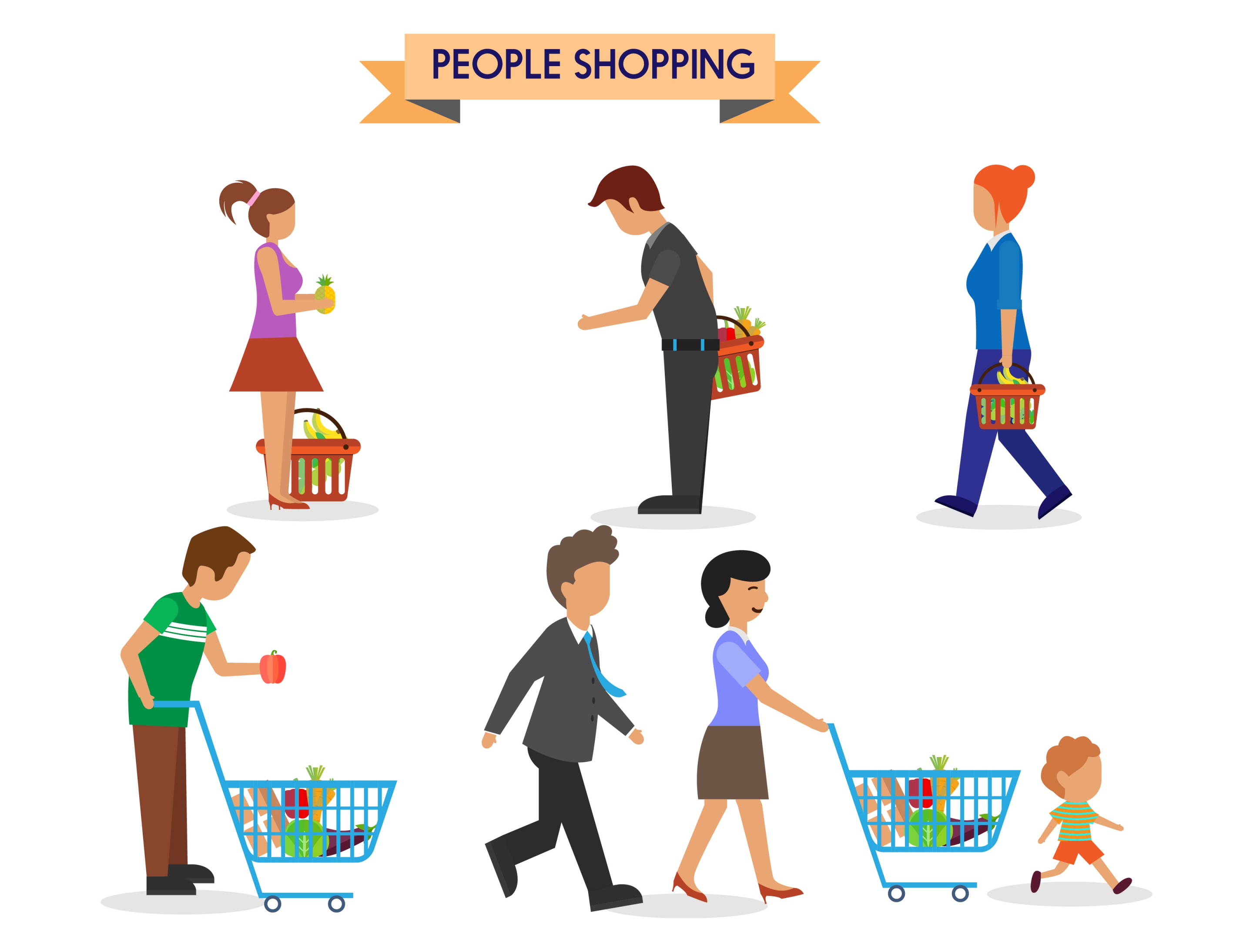 shopping people icons carrying bag and handcart style