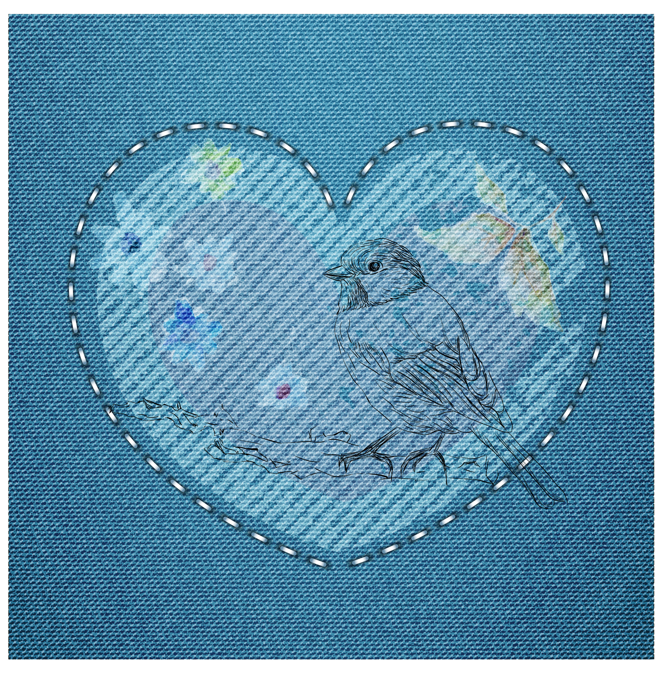 embroidery bird and heart pattern on jean background