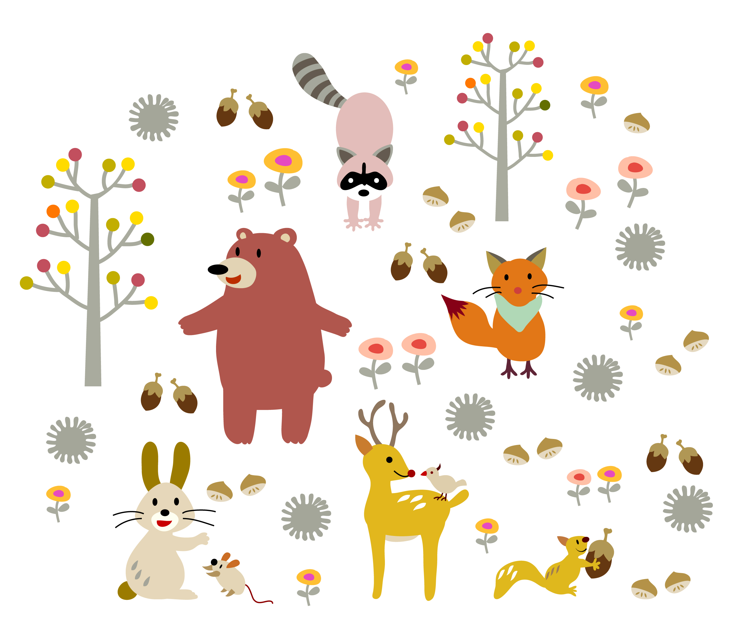 cartoon animal and tree set