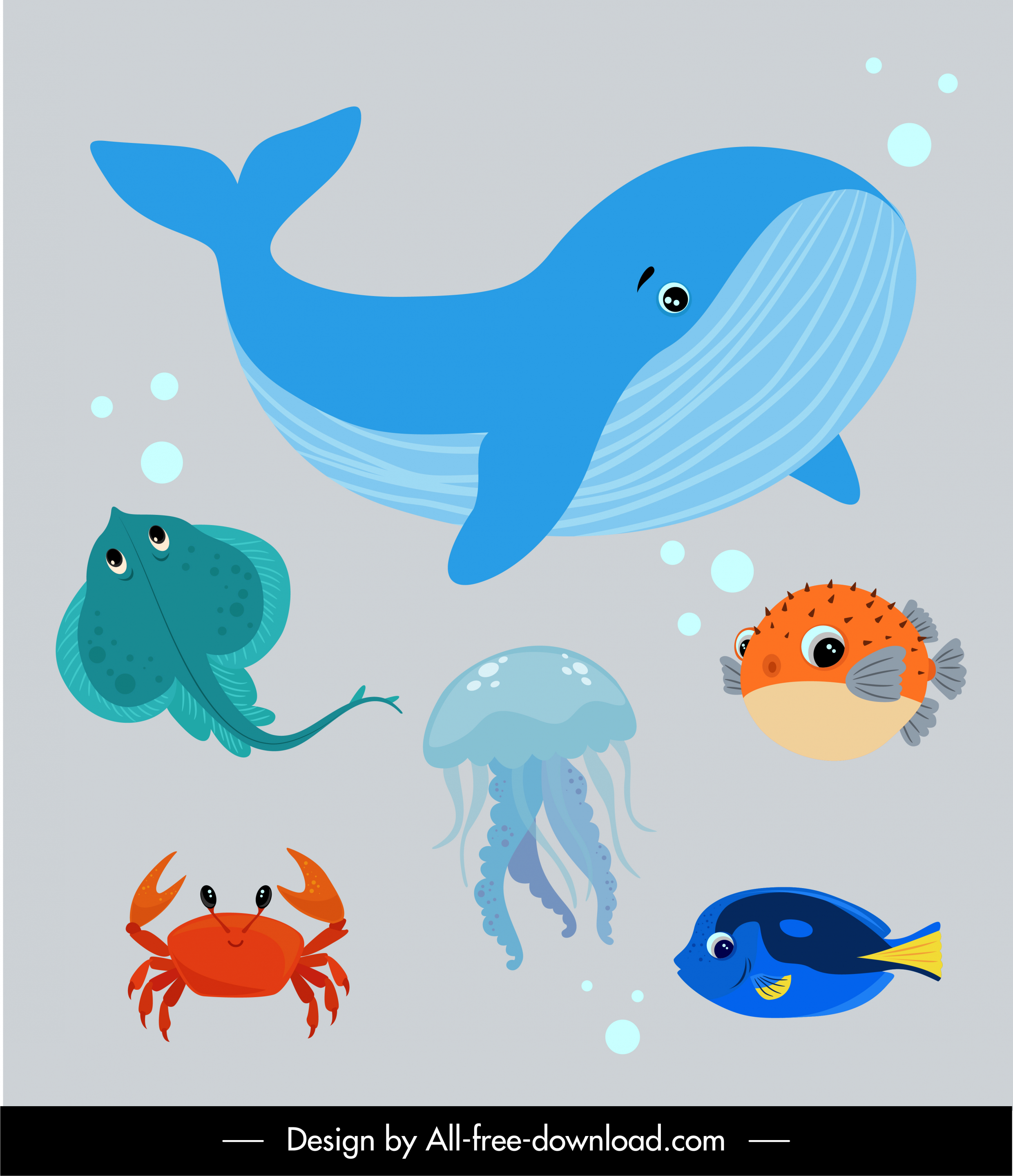 marine species icons colorful flat cartoon sketch