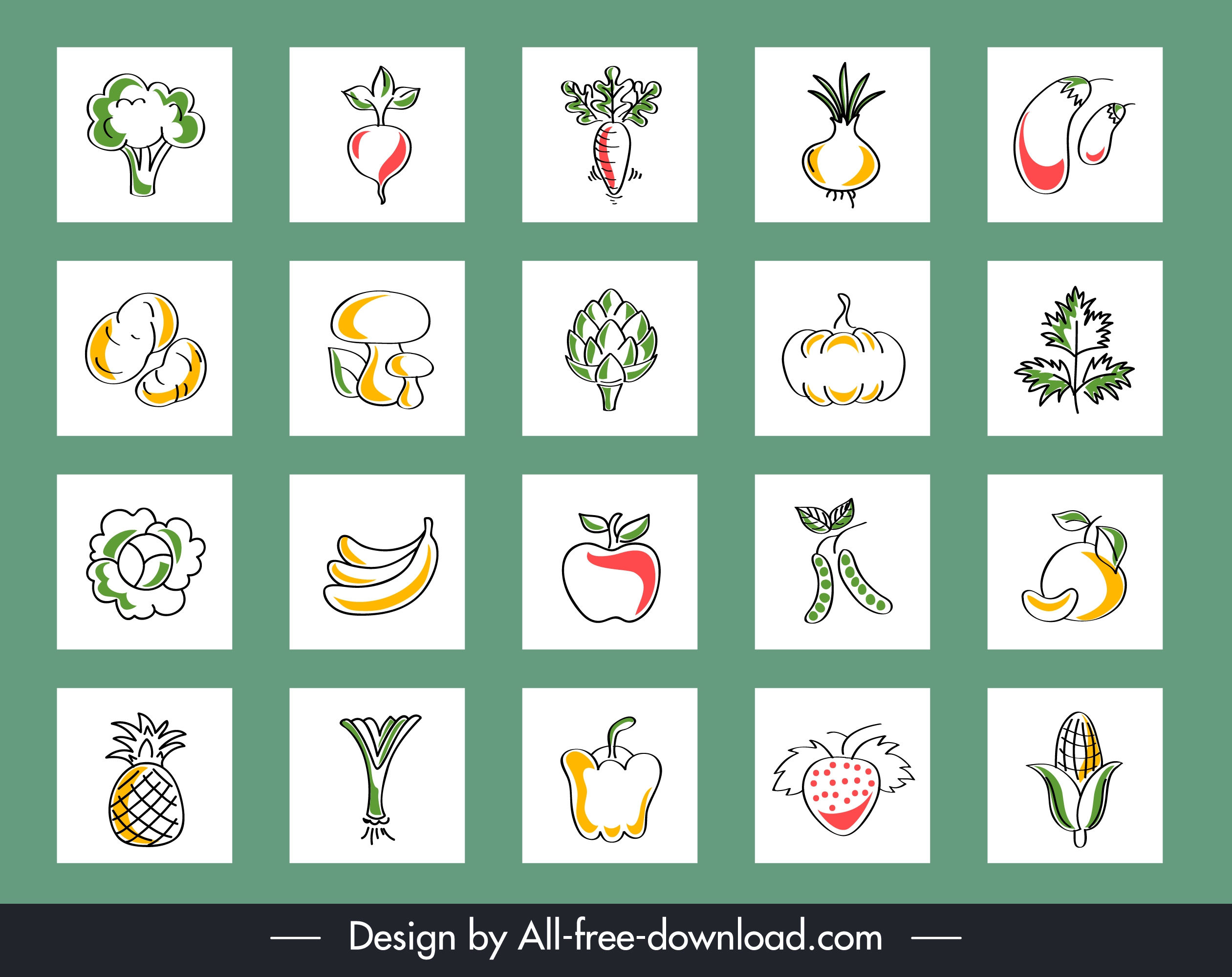 vegetable fruits background flat handdrawn isolation design