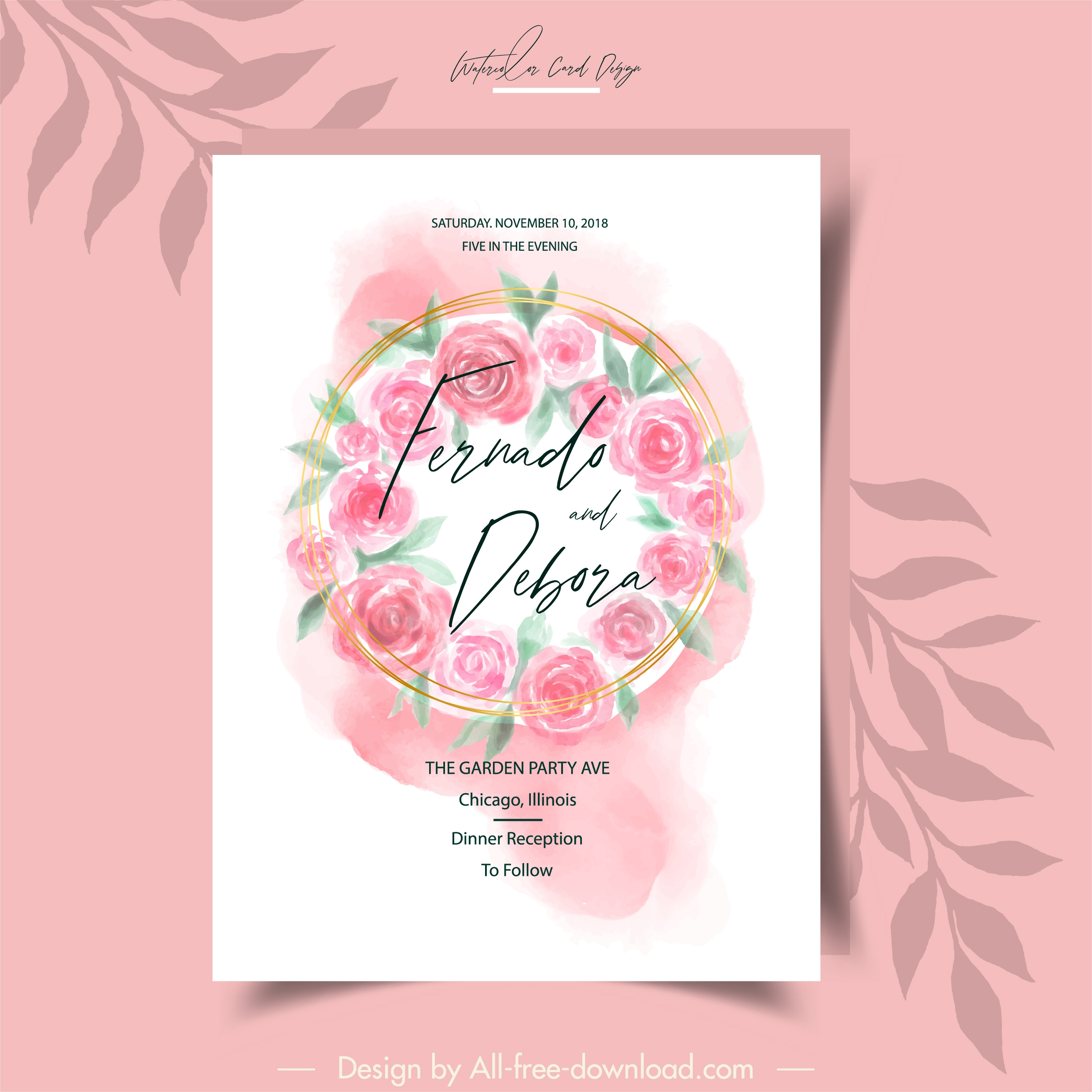 wedding card template elegant classic roses decor