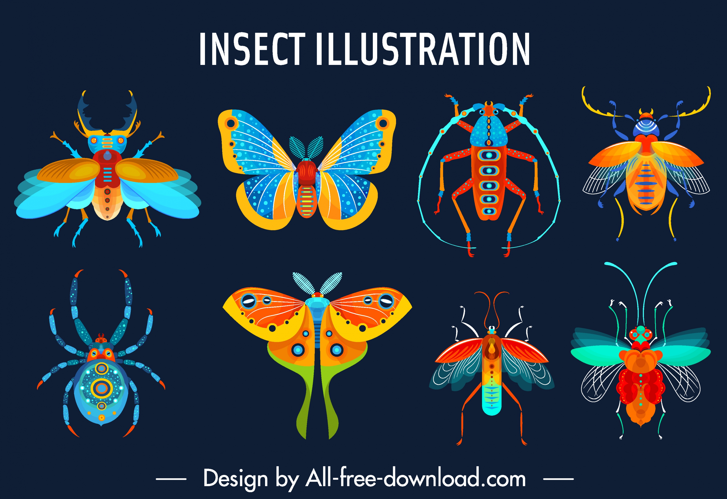 insects species icons colorful flat sketch