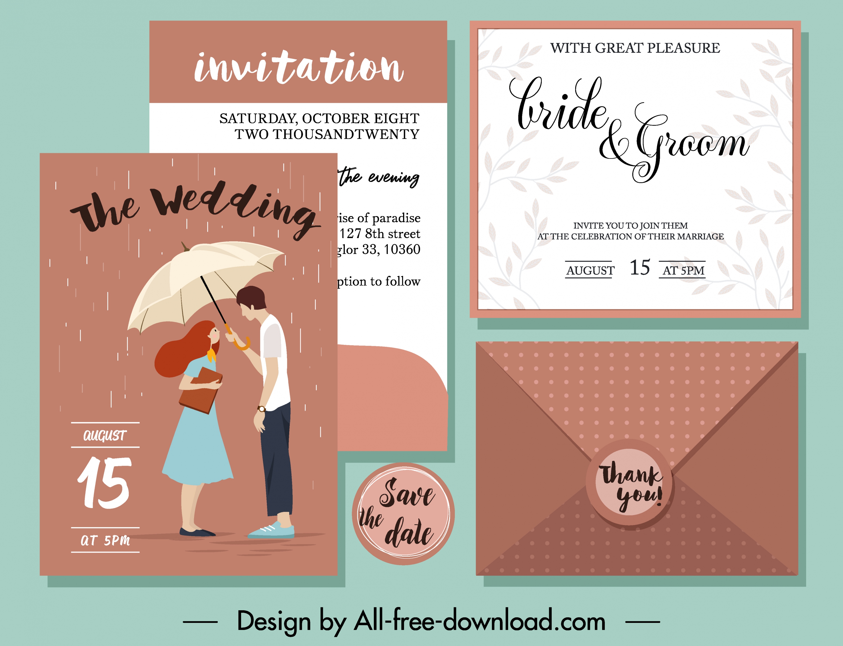 wedding card template classical design couple rain icons