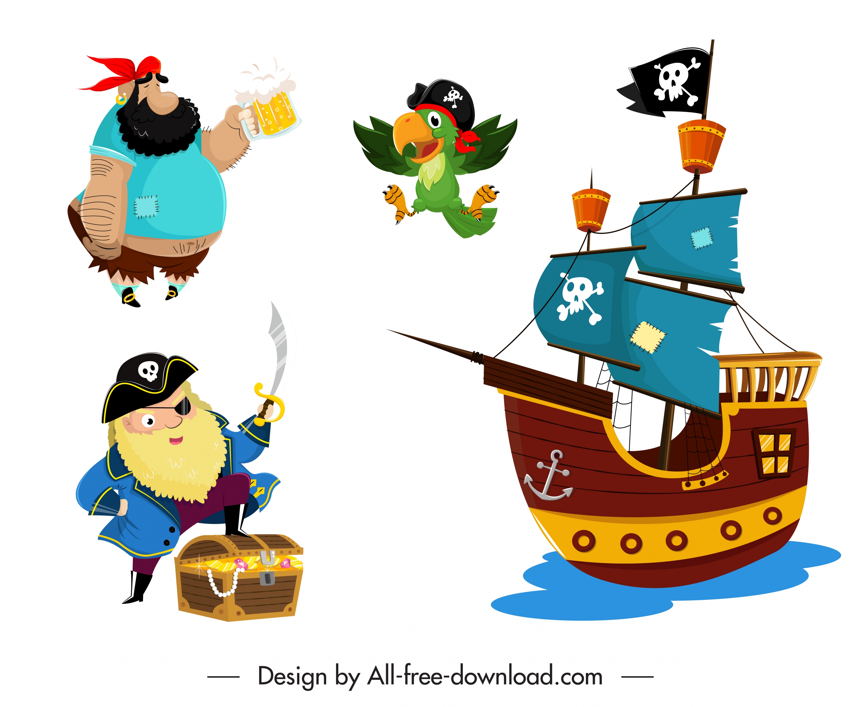 pirate design elements colored cartoon sketch