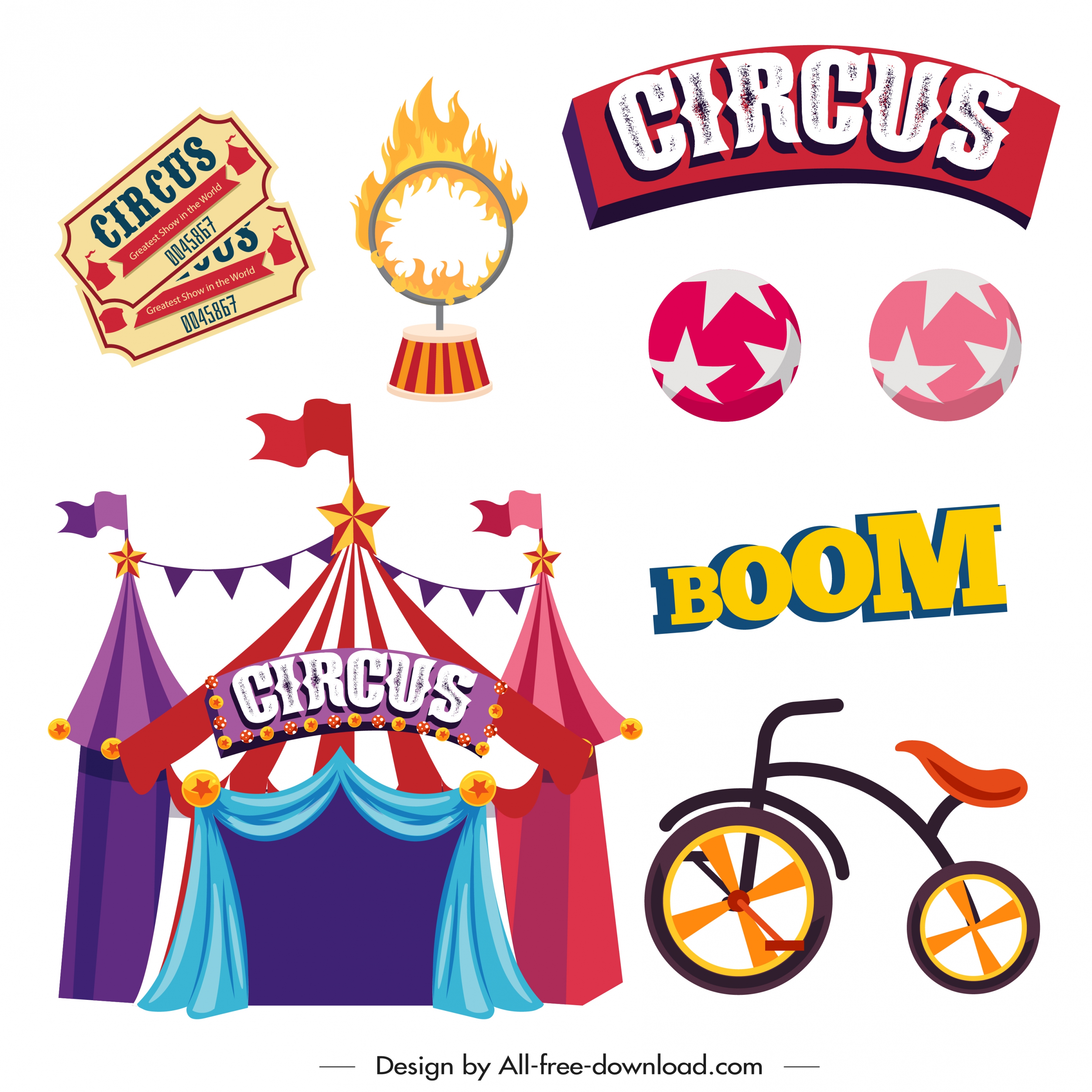 circus design elements colored classical icons sketch