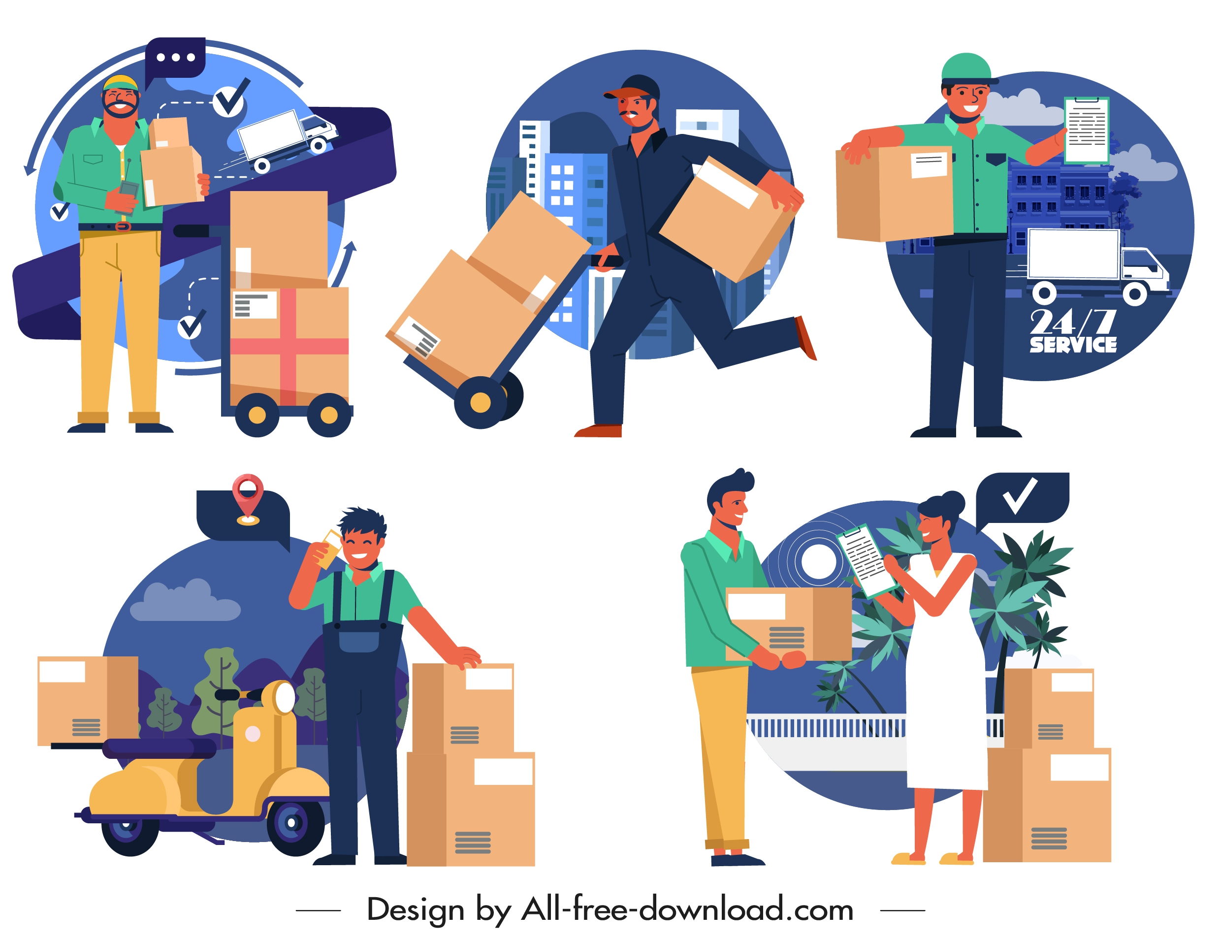 shipper icons collection delivery activities sketch cartoon design