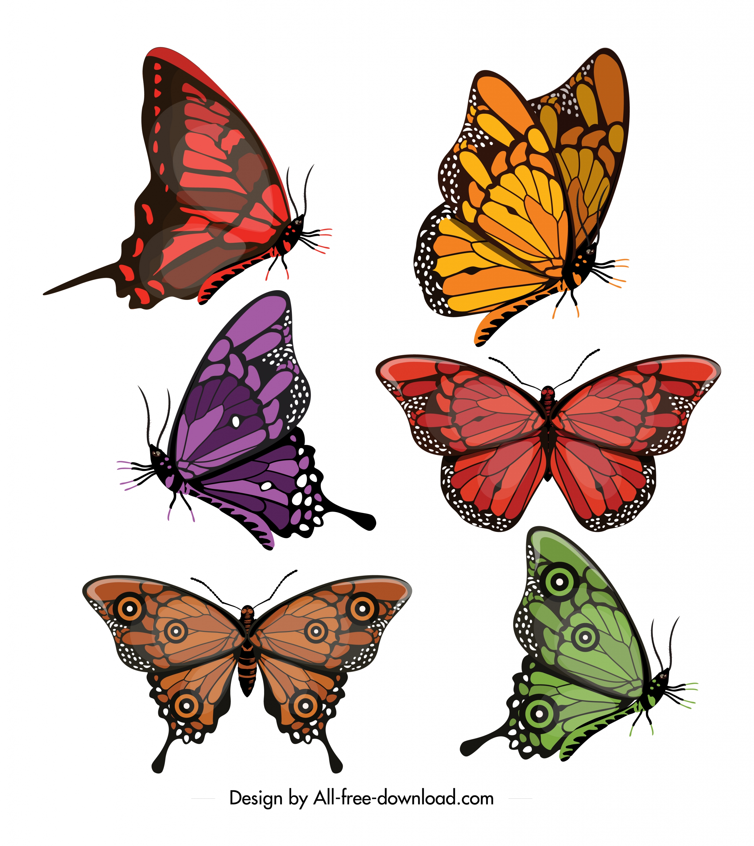 butterflies icons collection multicolored modern shapes design