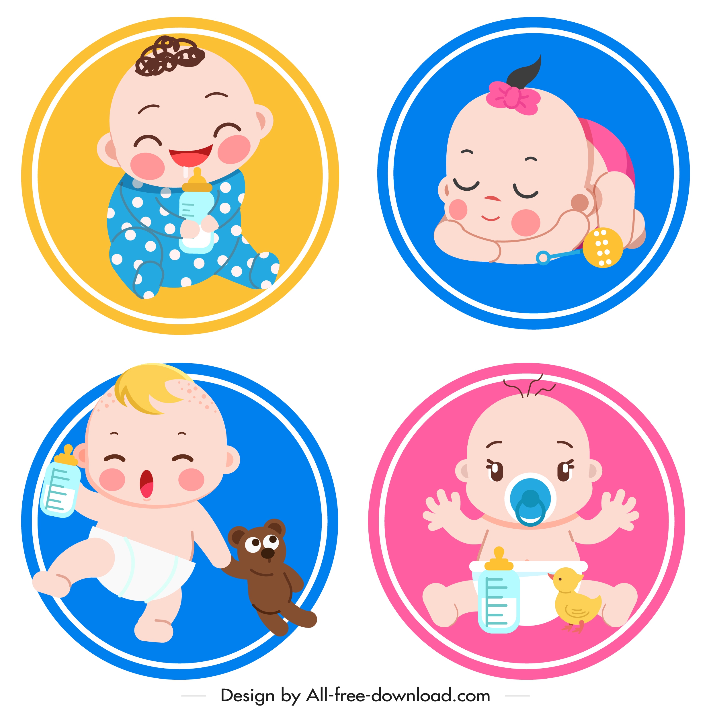 baby icons collection cute cartoon sketch circles isolation