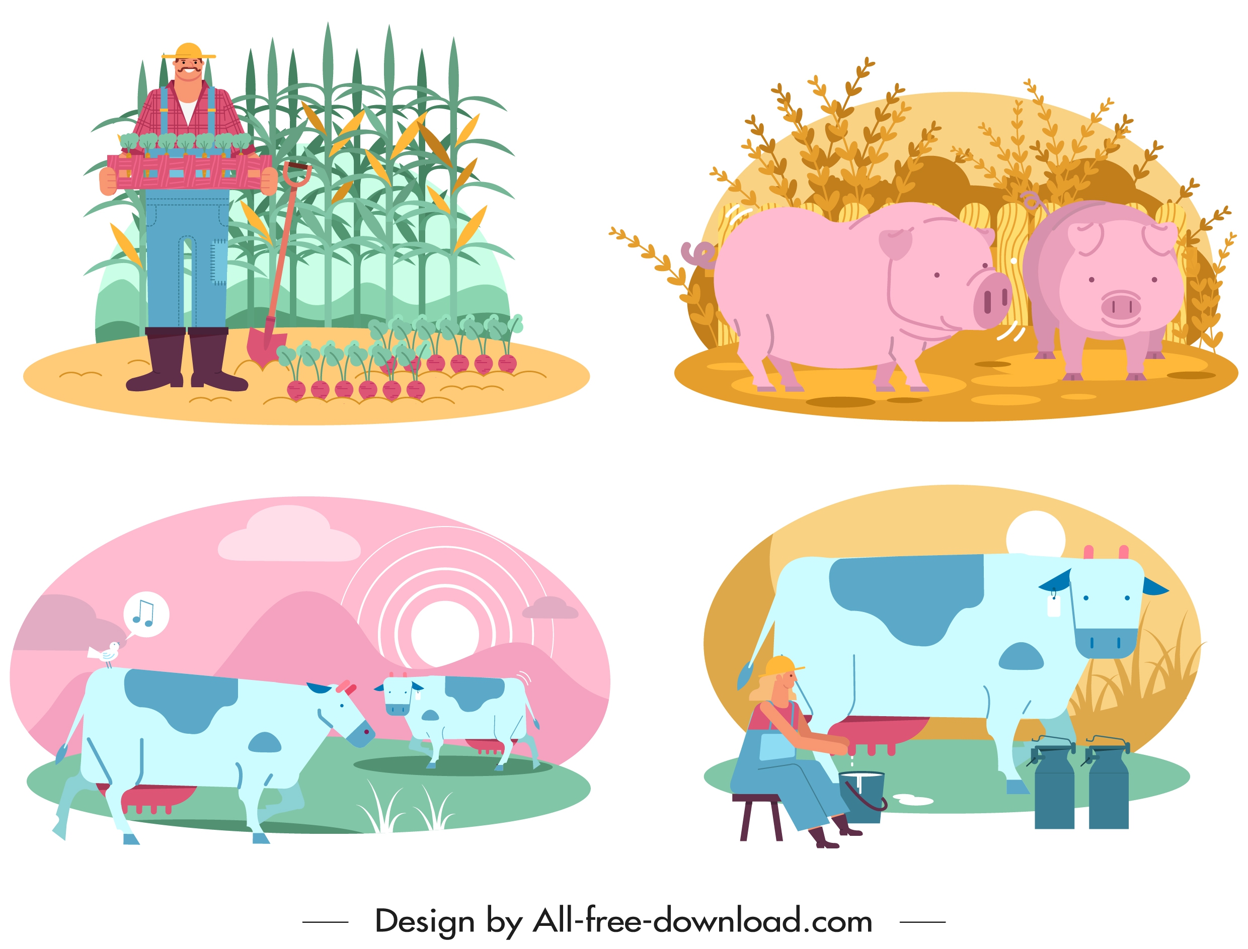 farming design elements farmer cattle icons cartoon design