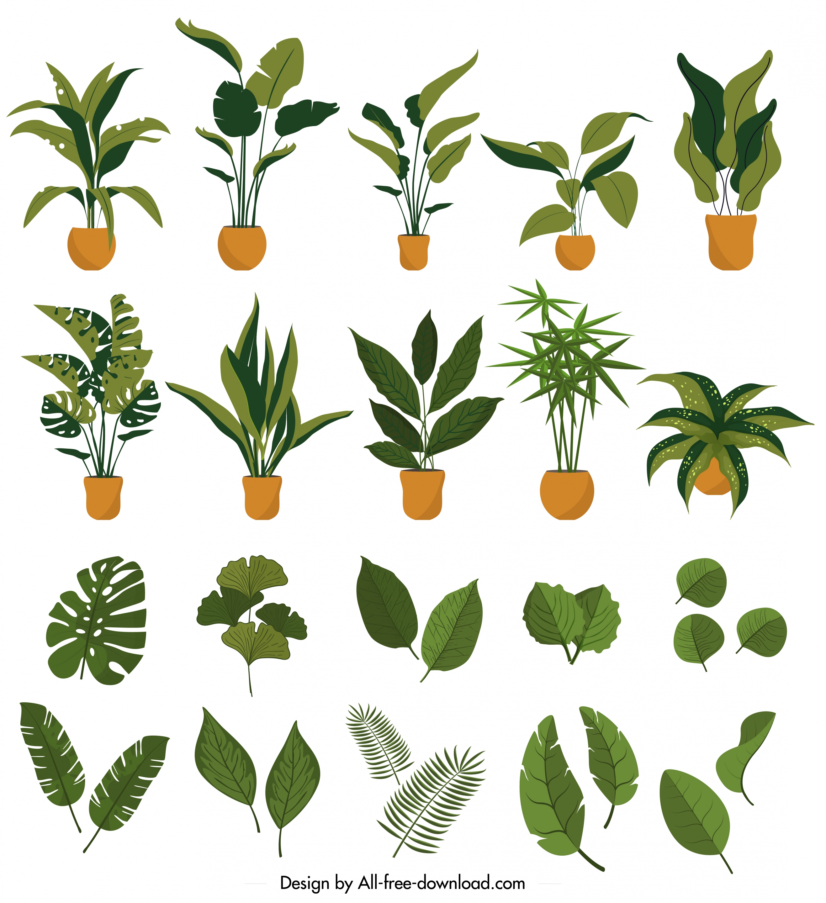 plants icons collection leaves pots symbols