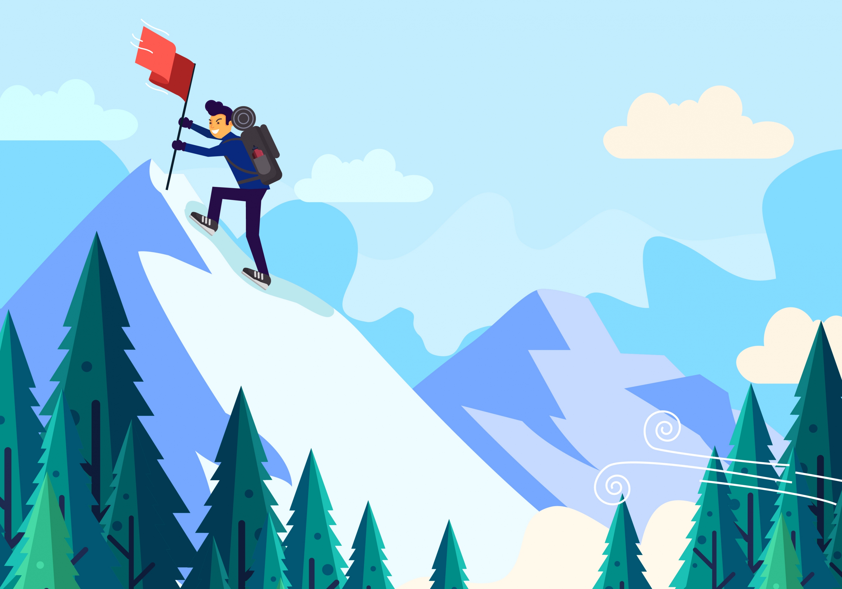 mountaineering background peak flag climber icons cartoon design