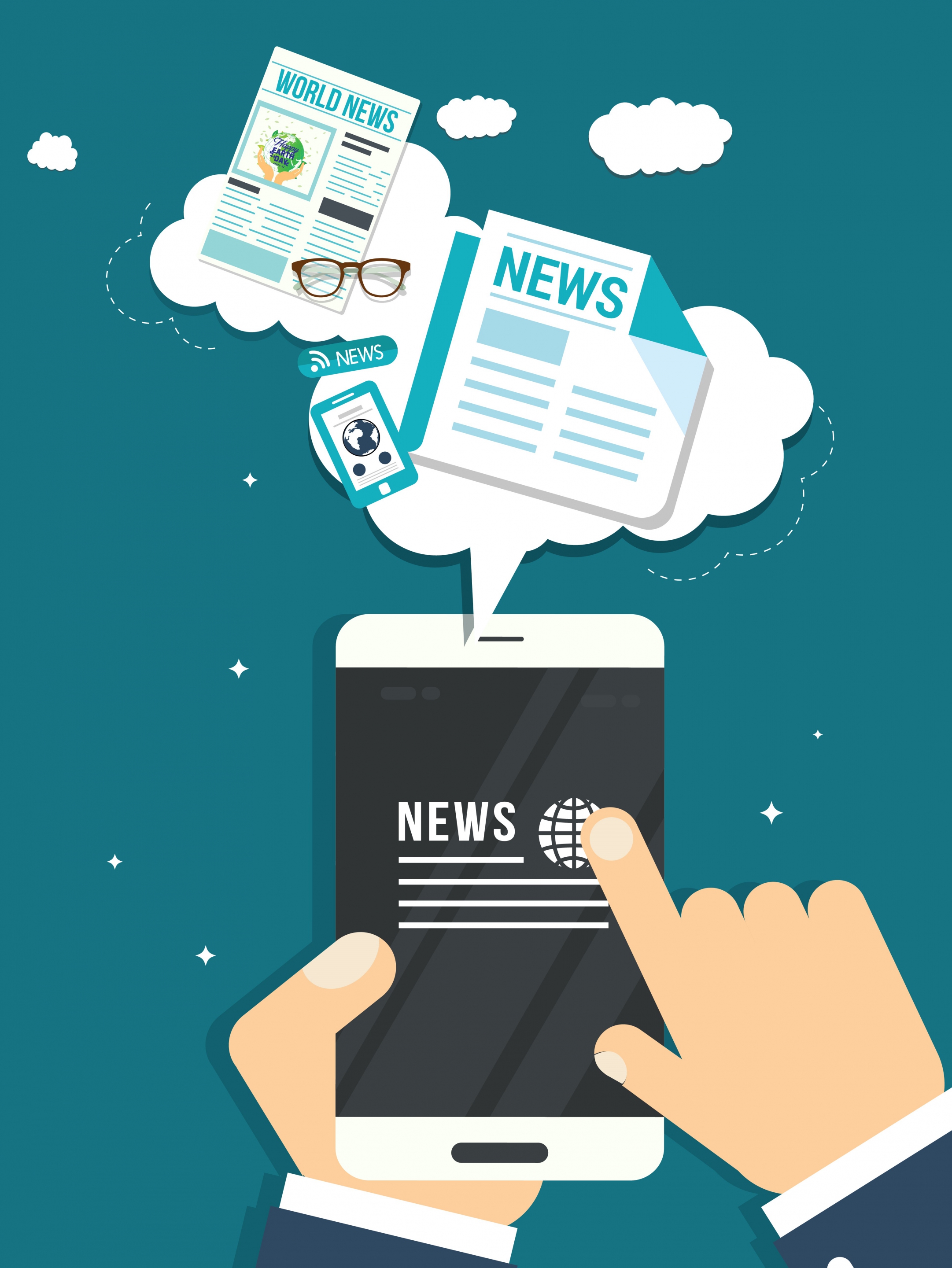 digital media concept background smartphone hands newspaper icons