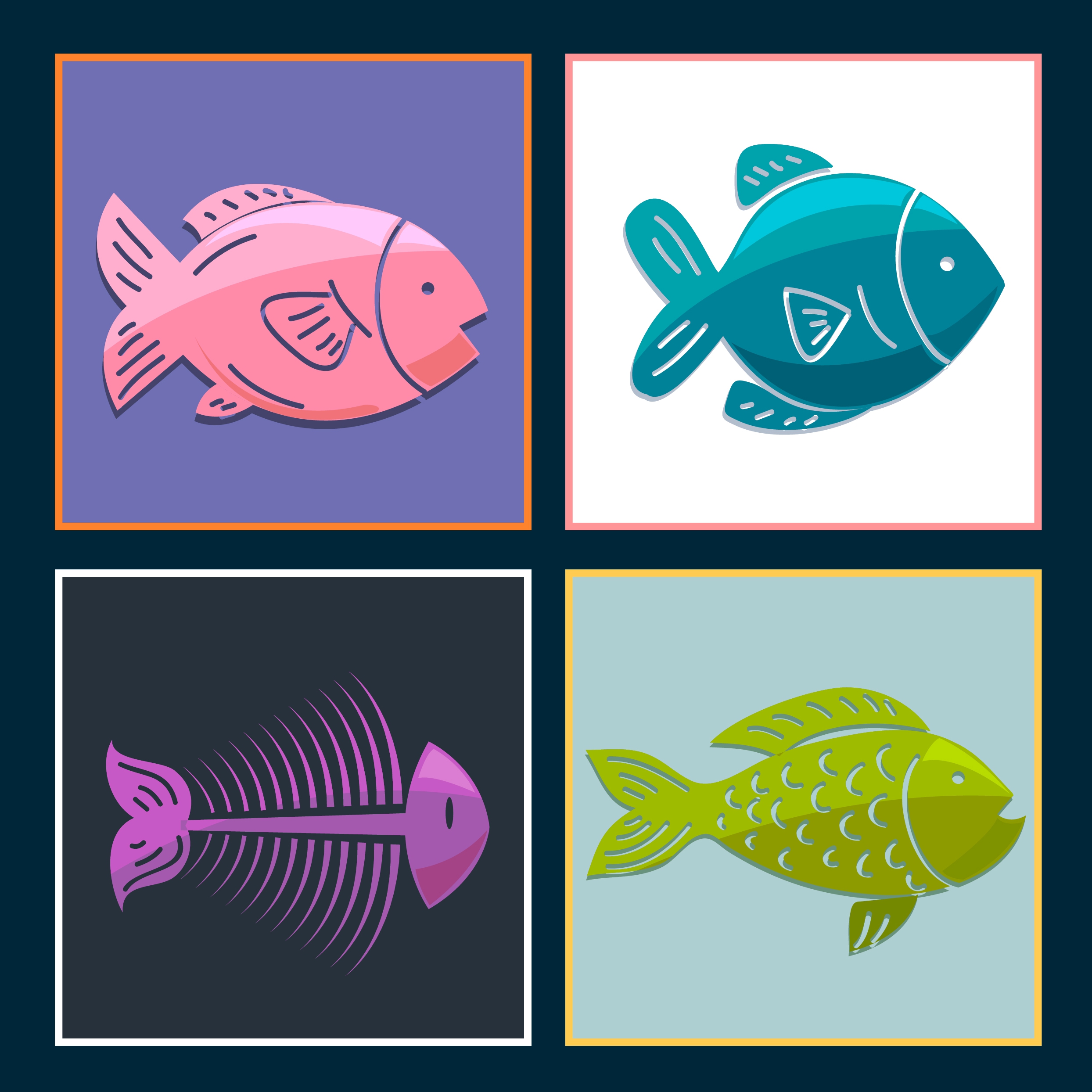 fish background sets colored flat icons quare isolation