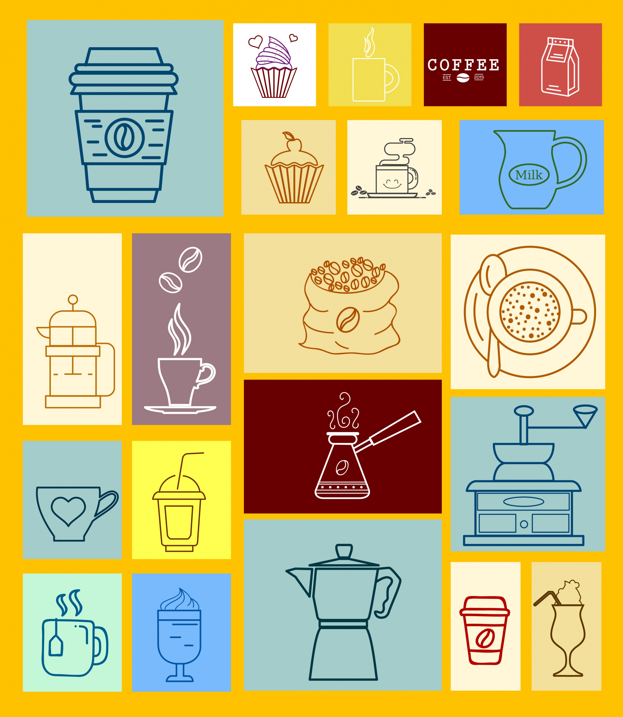 coffee brand design elements beans cup machine icons