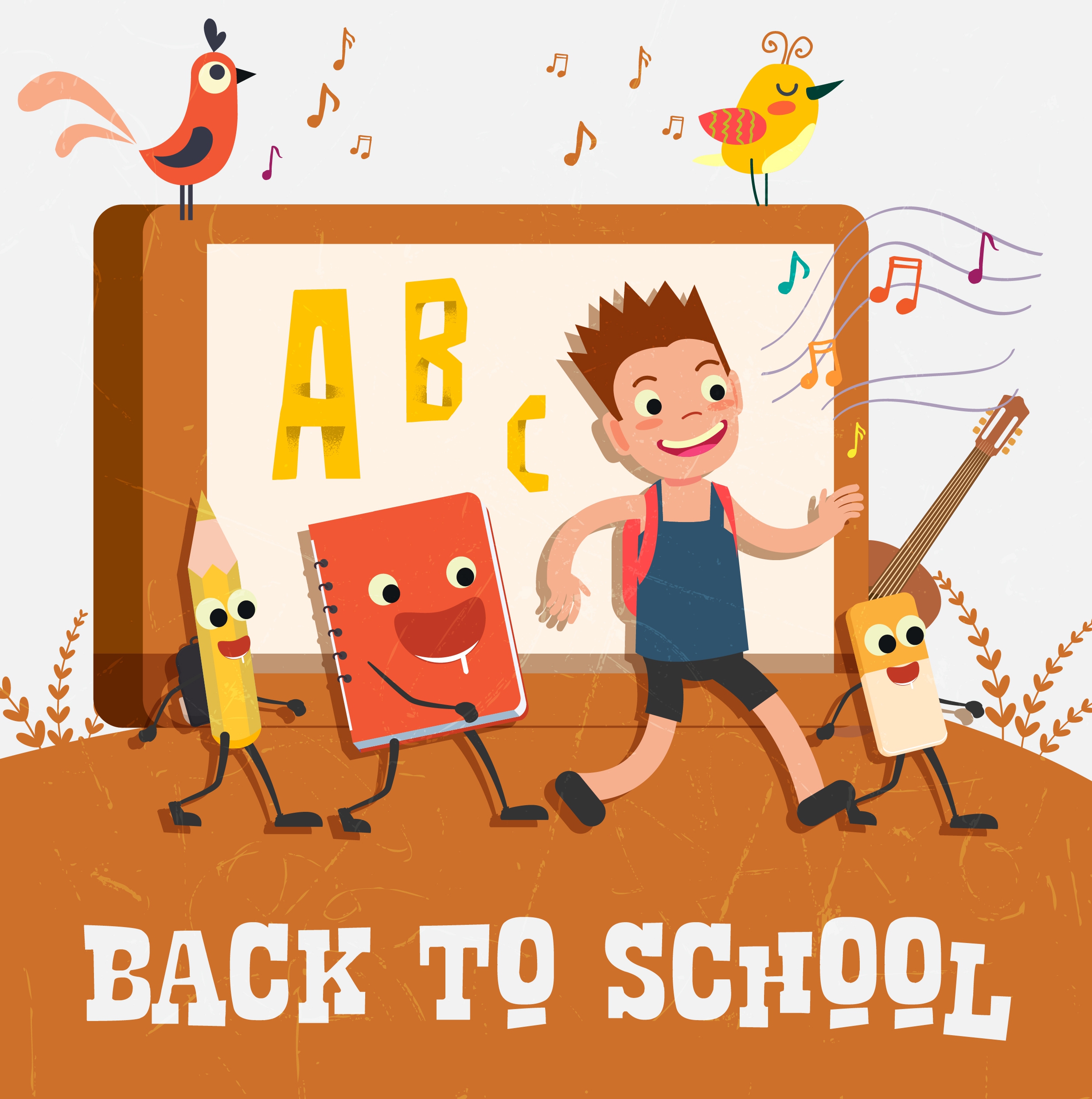 back to school banner schoolboy stylized tool icons