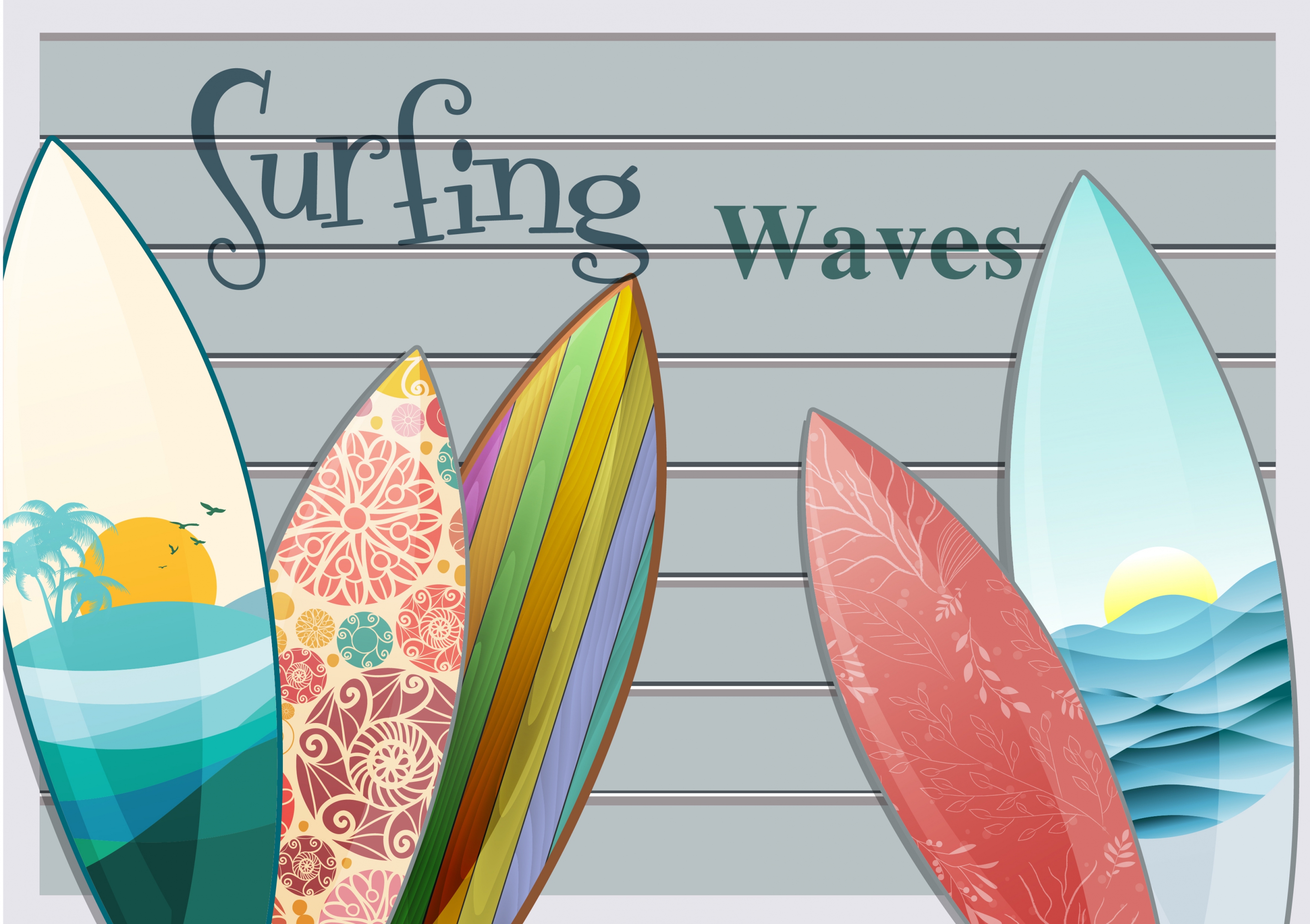 summer trip background colorful decorated surfboard icons