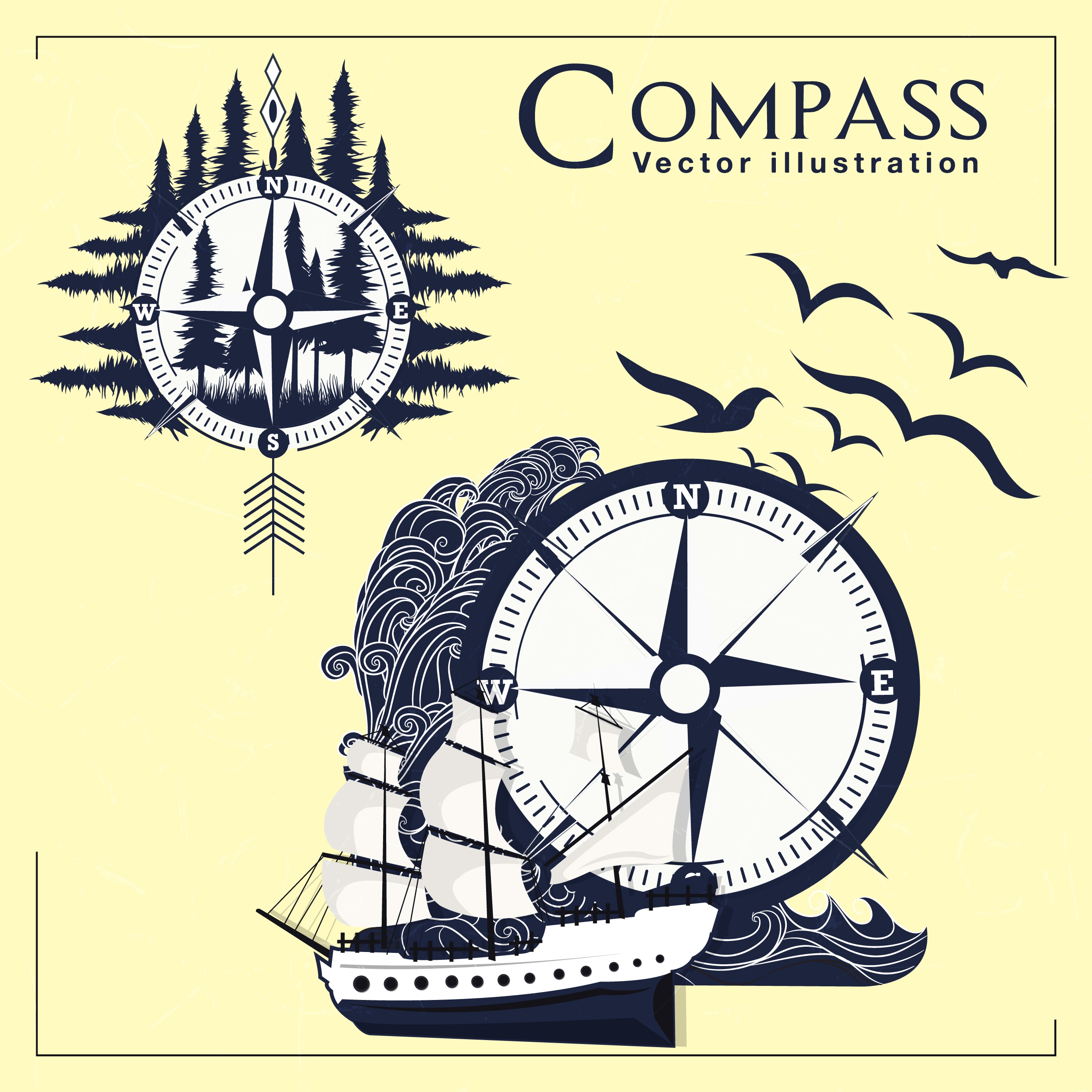 navigation background compass forest sea ship icons