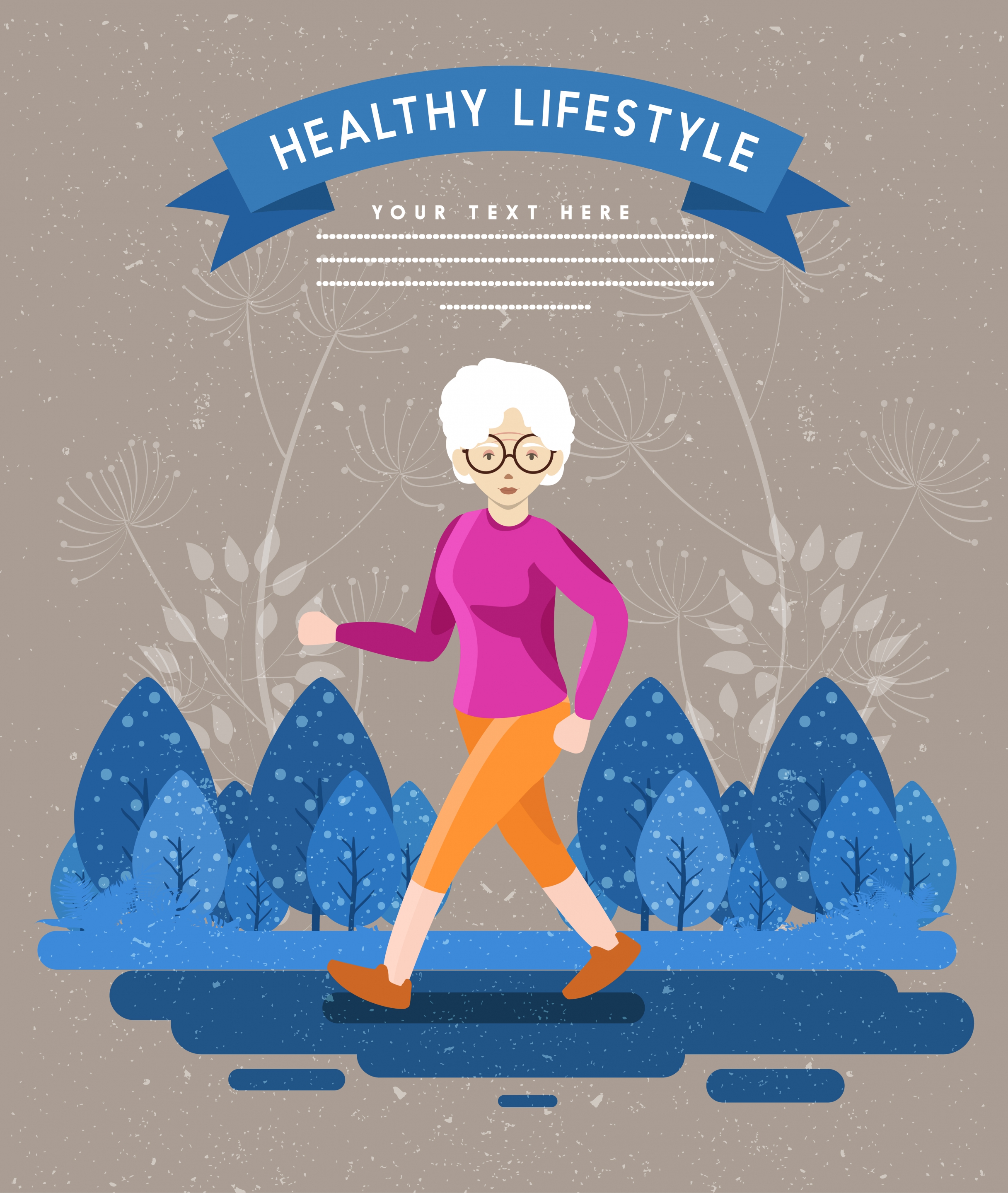 healthy lifestyle banner old woman walking cartoon design